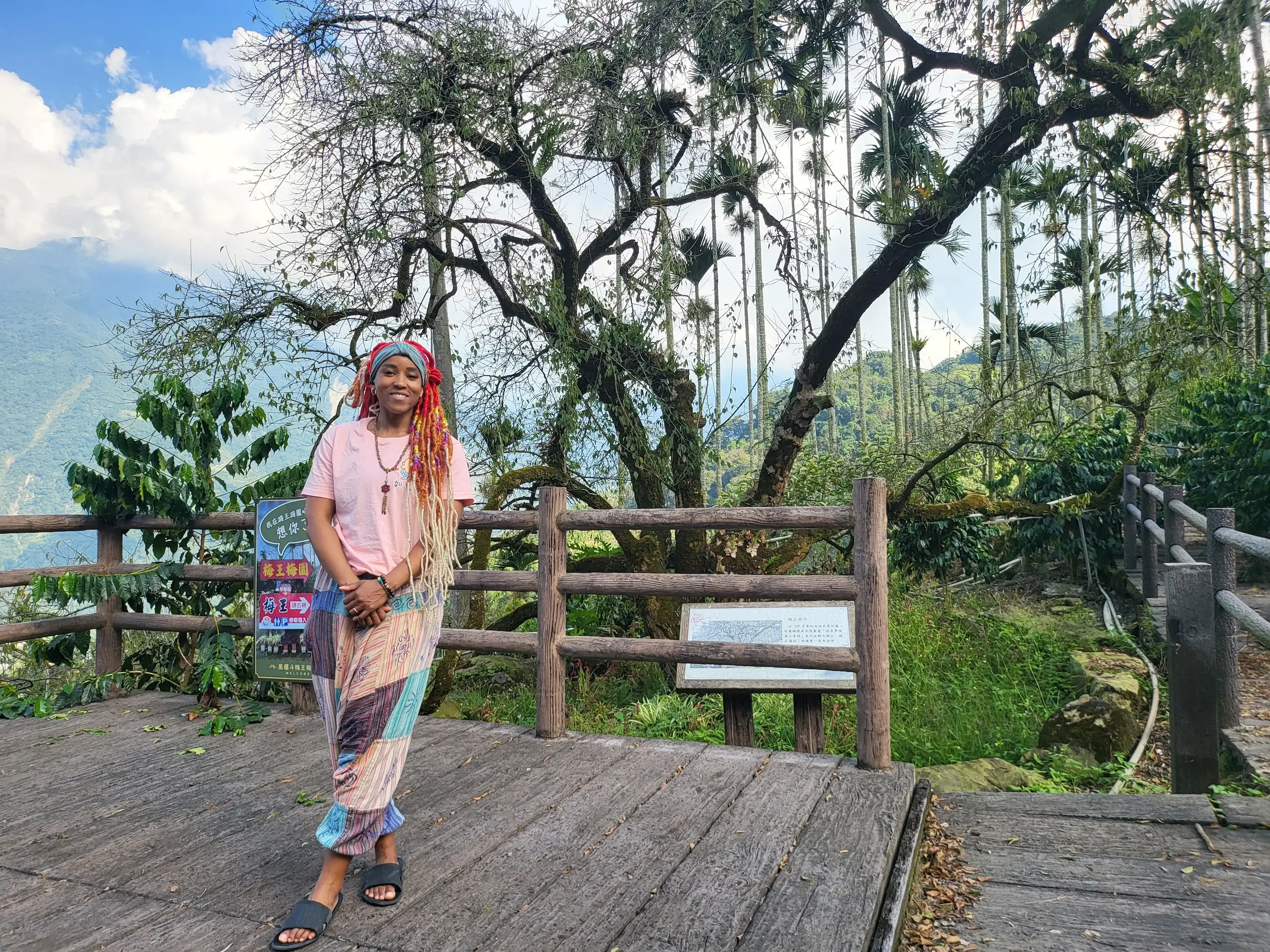 A woman posing for a picture on top of a mountain in Asia.