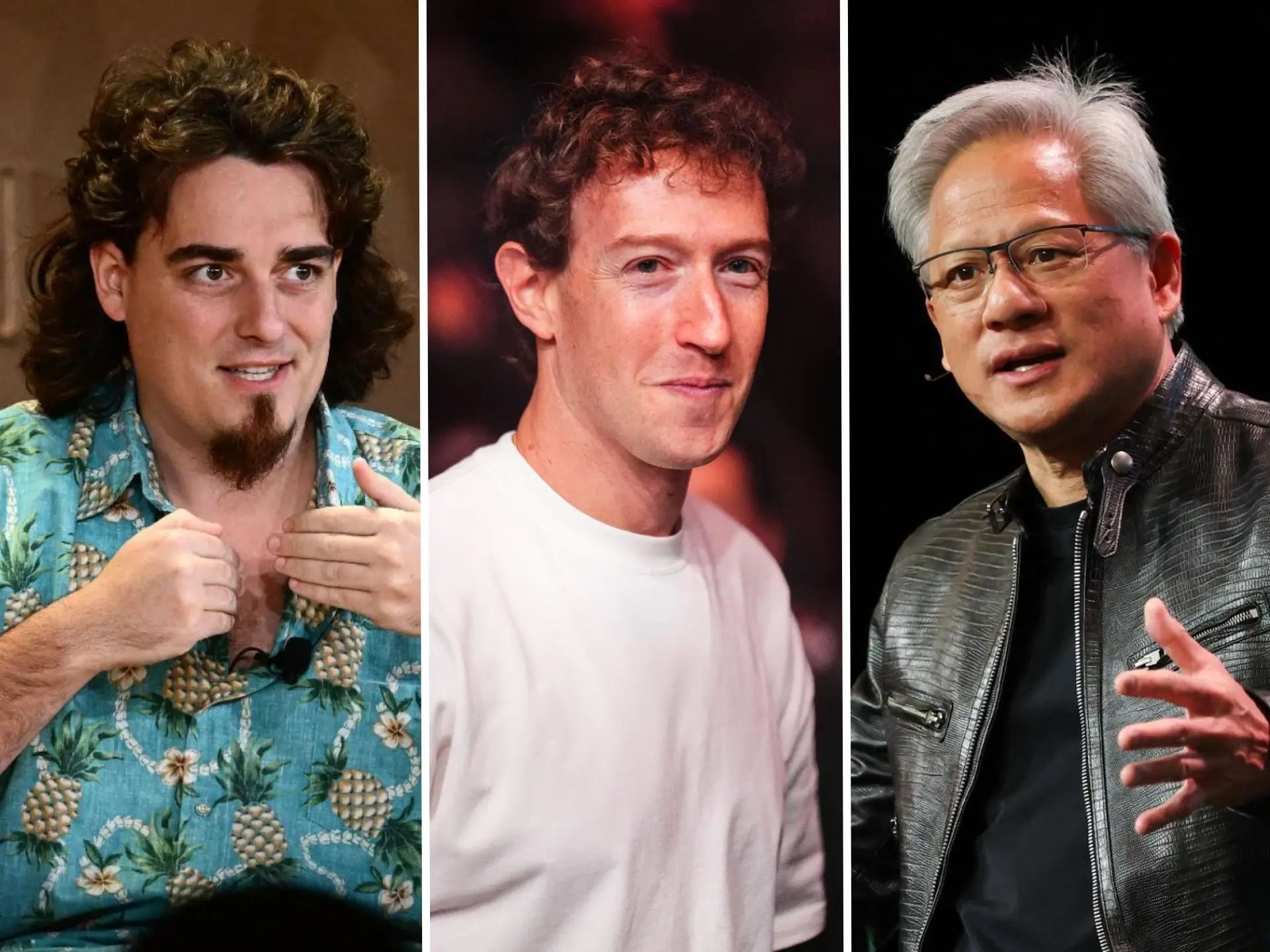 Side by side images of Palmer Luckey, Mark Zuckerberg, Jensen Huang.