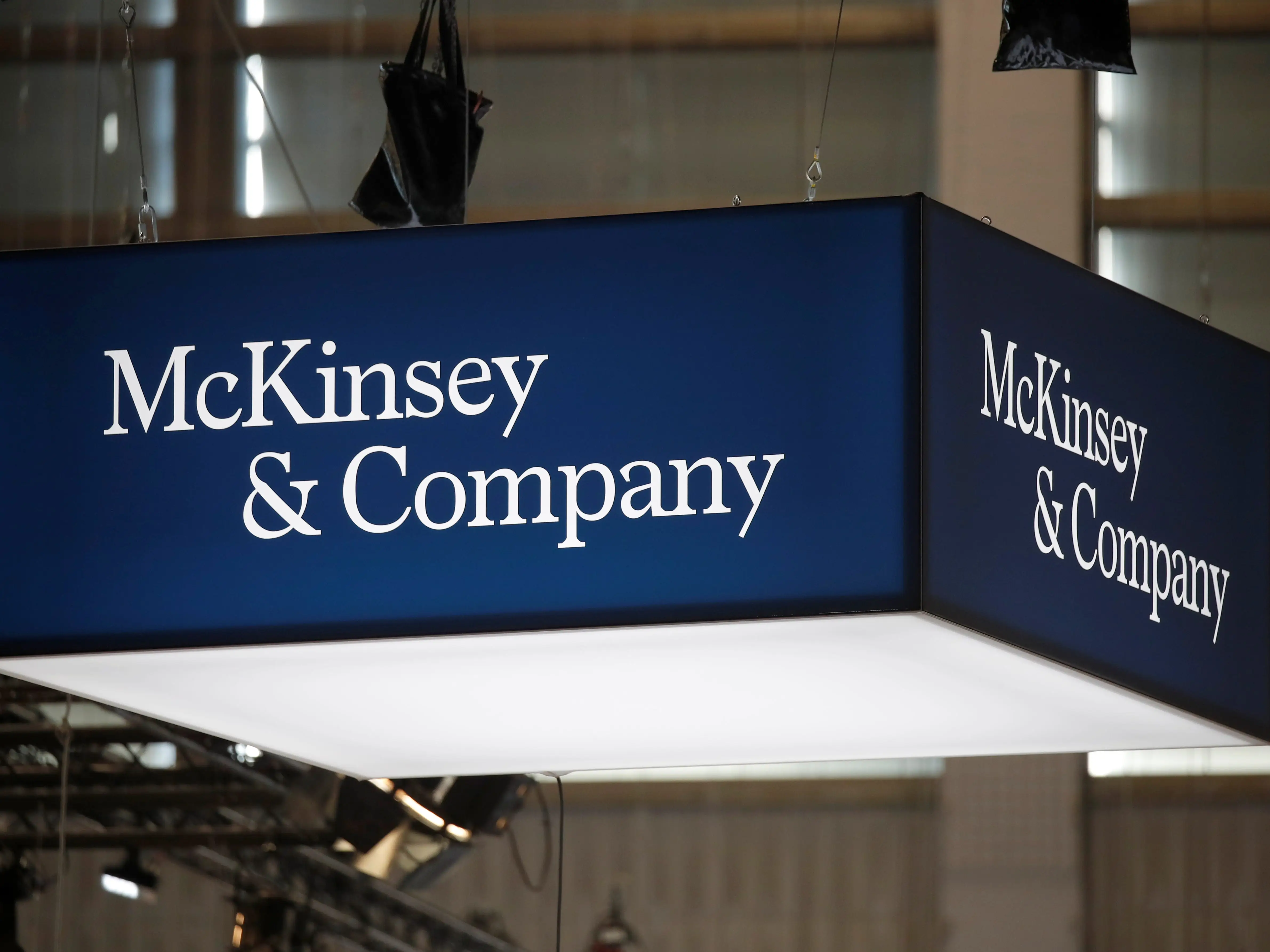 FILE PHOTO: The logo of consulting firm McKinsey and Company is seen at the high profile startups and high tech leaders gathering, Viva Tech,in Paris, France May 16, 2019. REUTERS/Charles Platiau