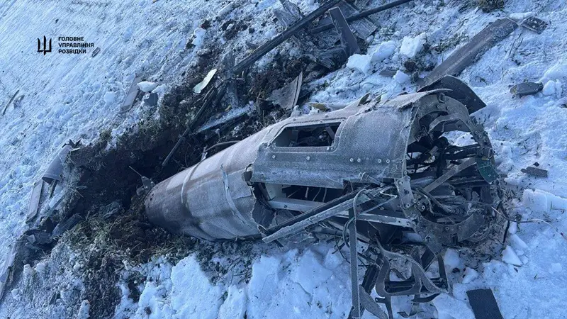 Metal parts and a wrecked chassis can be seen crashed in the snow.