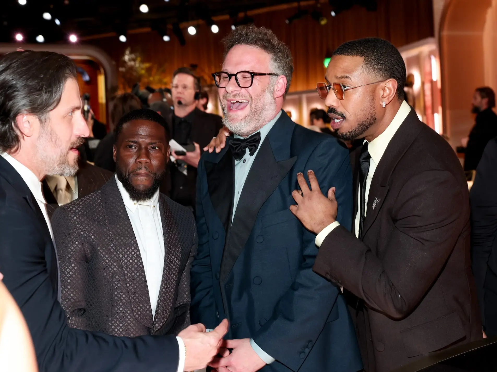 Kevin Hart, Seth Rogen, and Michael B. Jordan at the 2026 Golden Globes.