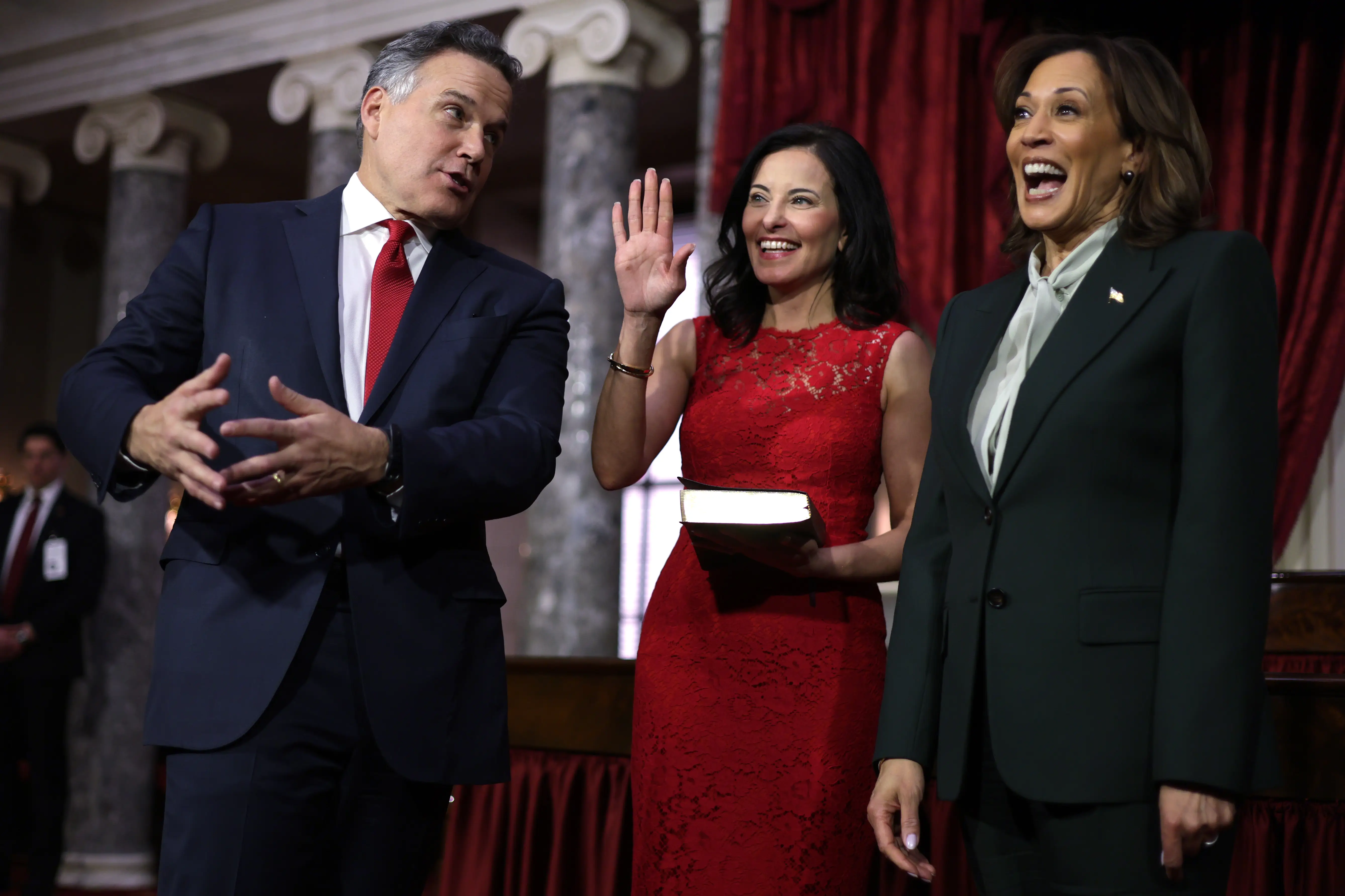 Dave McCormick, Dina Powell McCormick, and Kamala Harris are pictured.