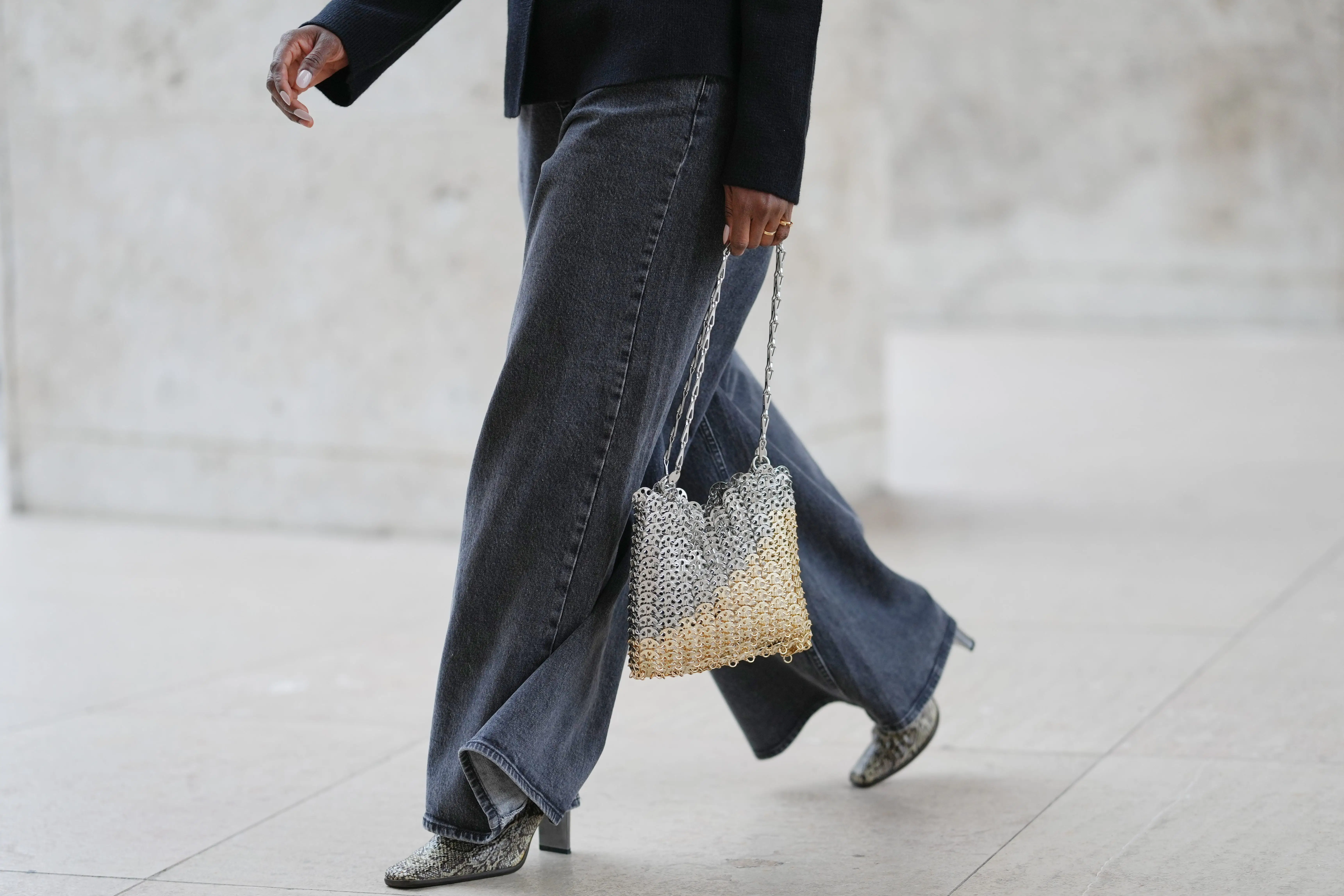 Wide-leg denim pants with heeled boots