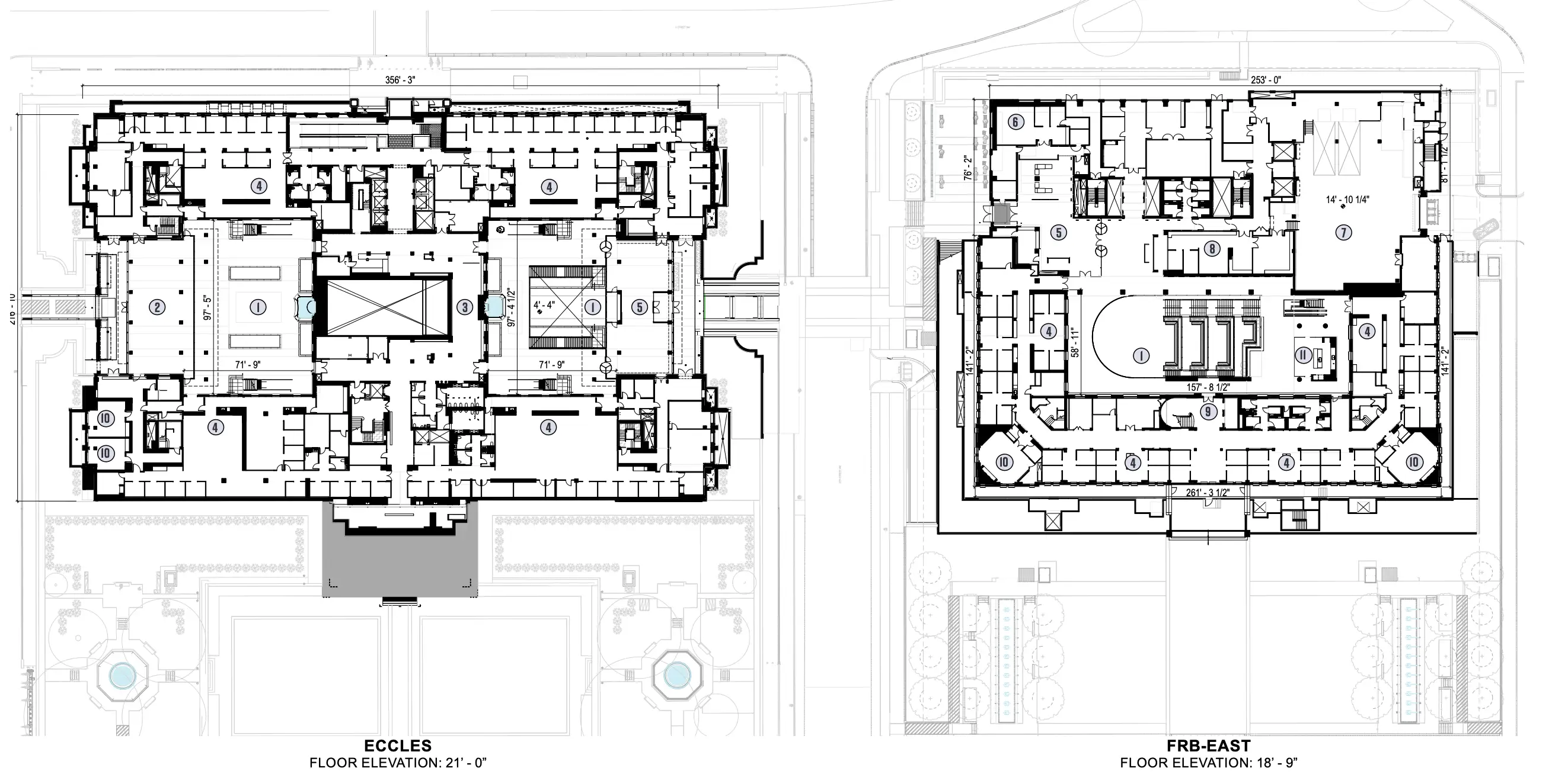 A floor plan of both Federal Reserve buildings