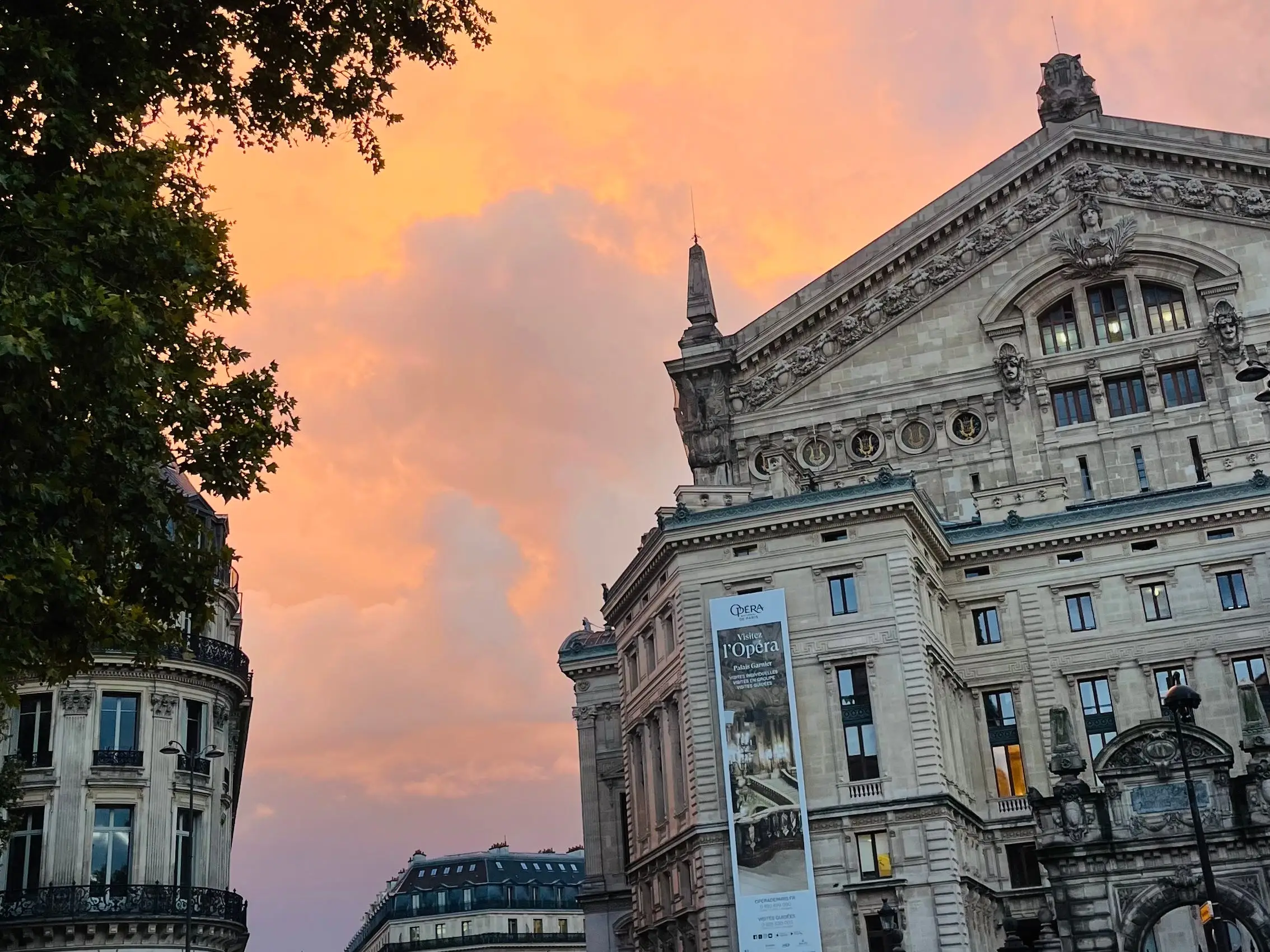 A street in Paris at sunset.