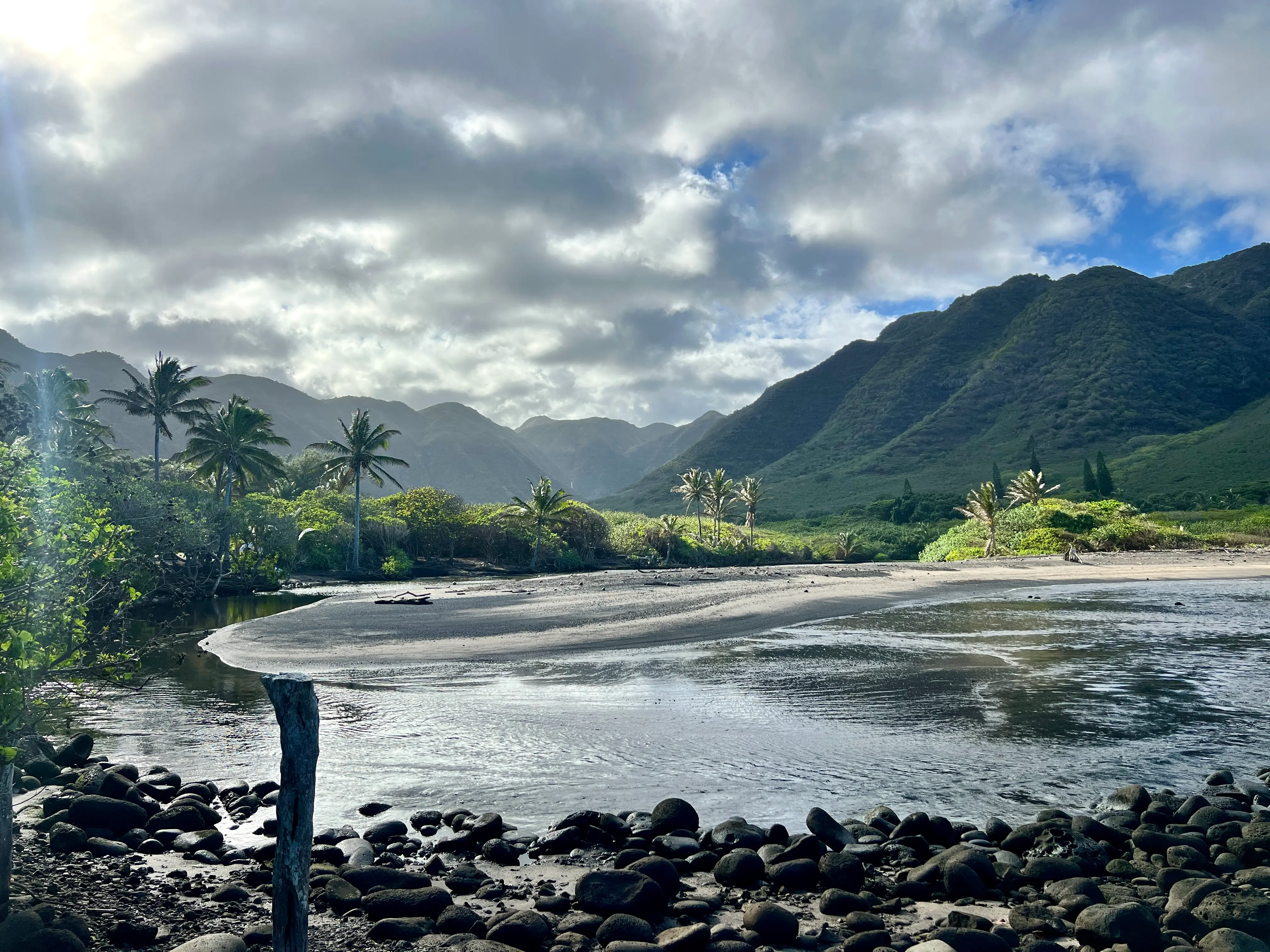 Waters surroudned by palm trees, green mountains, stones