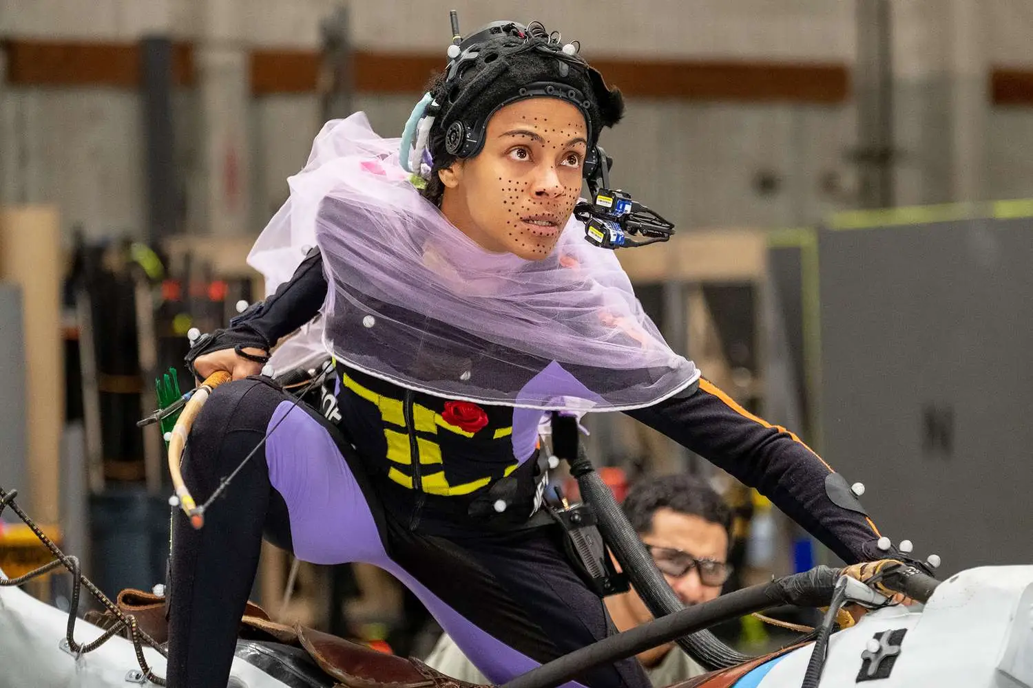 Zoe Saldana with motion capture makeup on