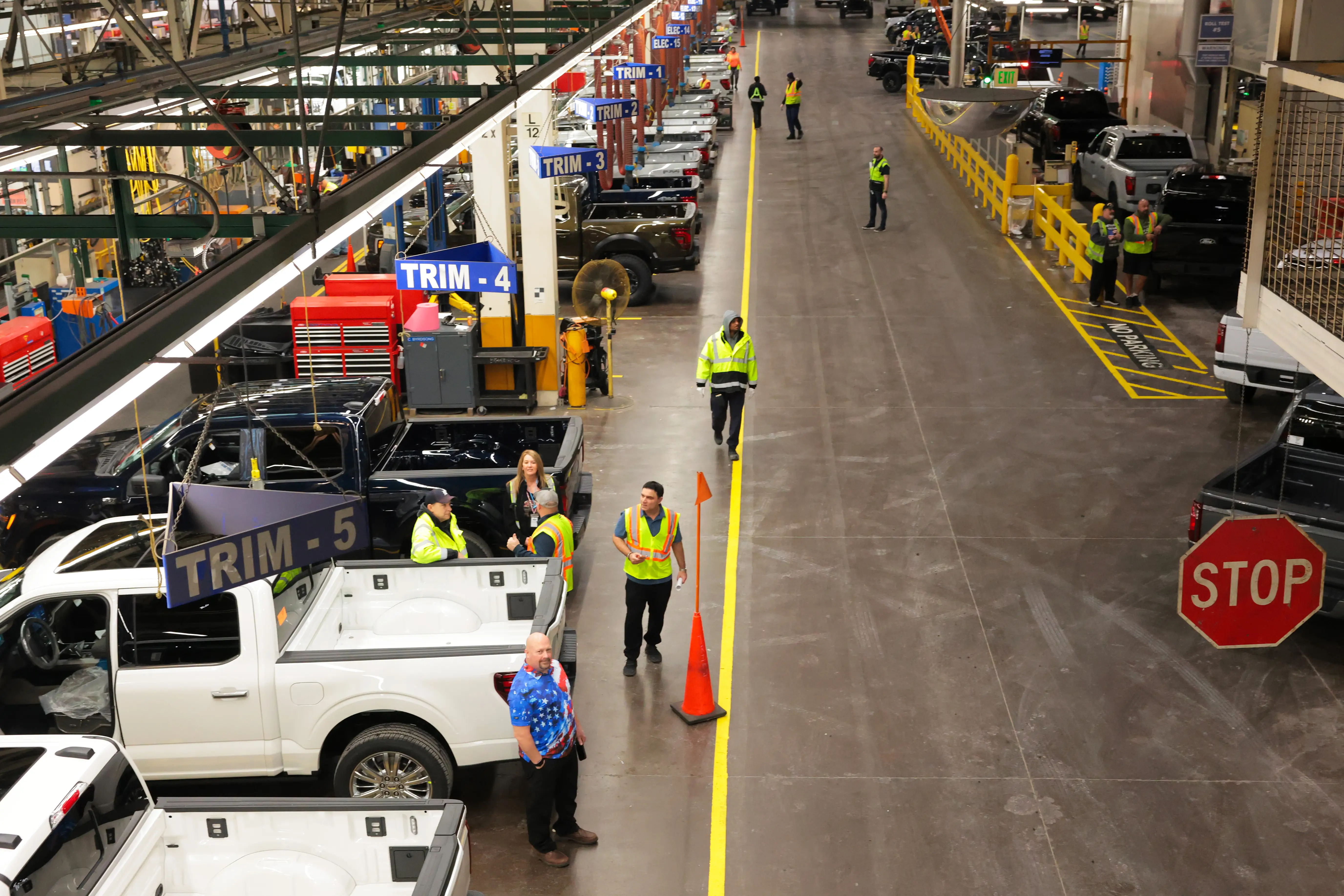 Ford employees working on the carmaker's Rouge Assembly floor in Dearborn, Michigan.