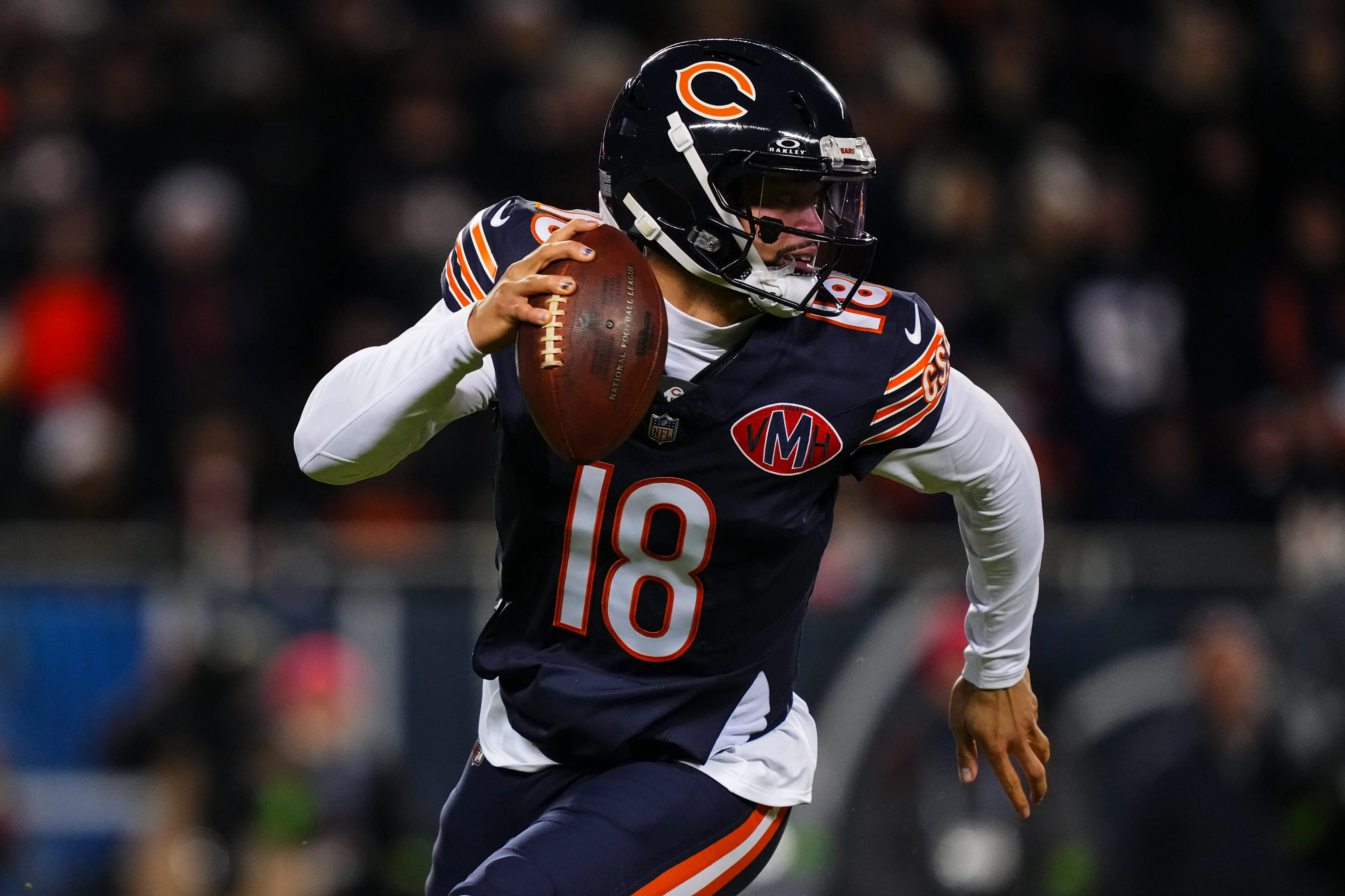 Chicago Bears quarterback Caleb Williams playing against the the Green Bay Packers at Soldier Field on January 10, 2026 in Chicago, Illinois.