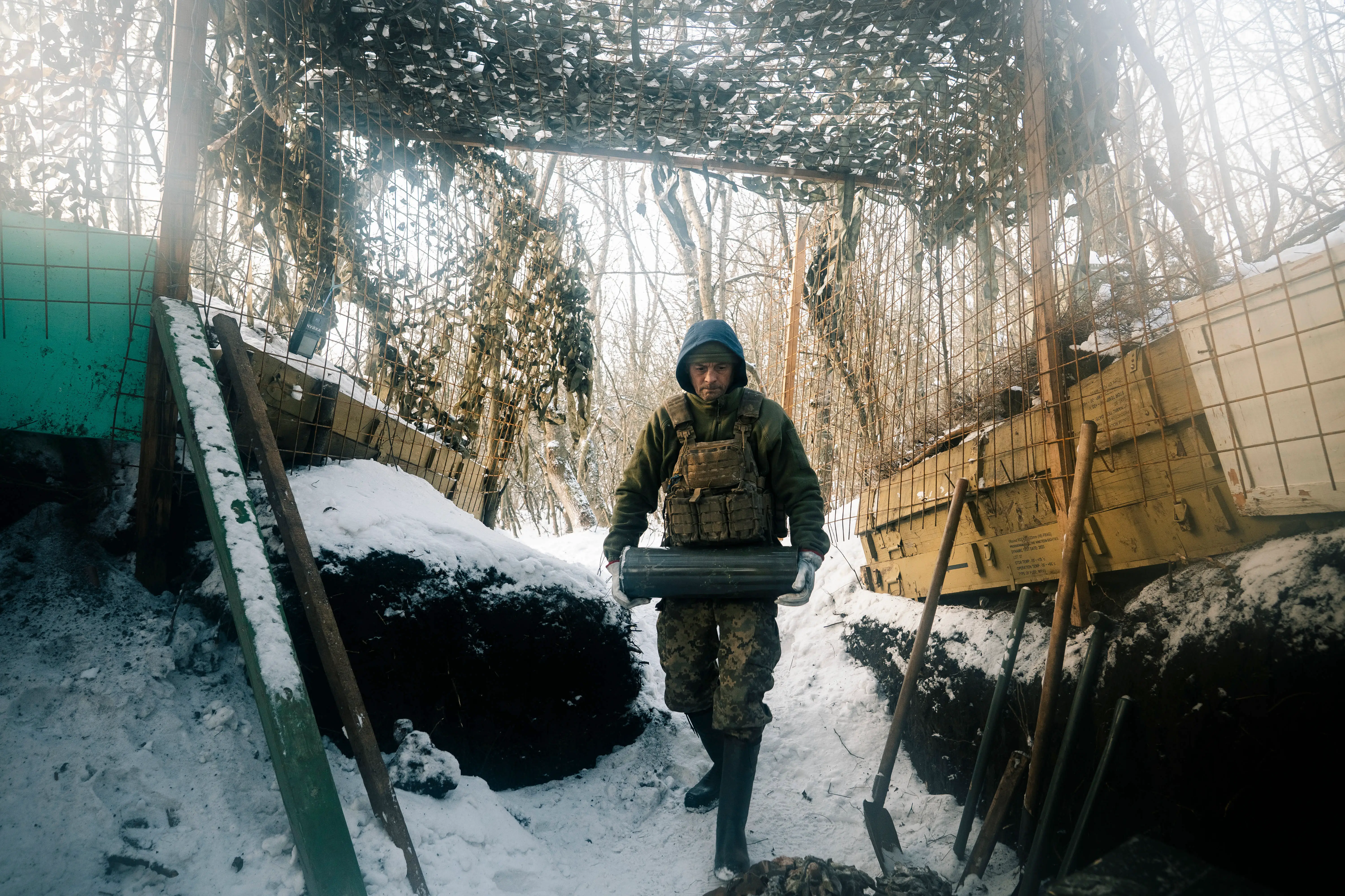 Artillerymen of the 152nd Separate Jaeger Brigade in combat positions fire toward Russian positions on January 1, 2026, in Pokrovsk District, Donetsk Oblast, Ukraine.