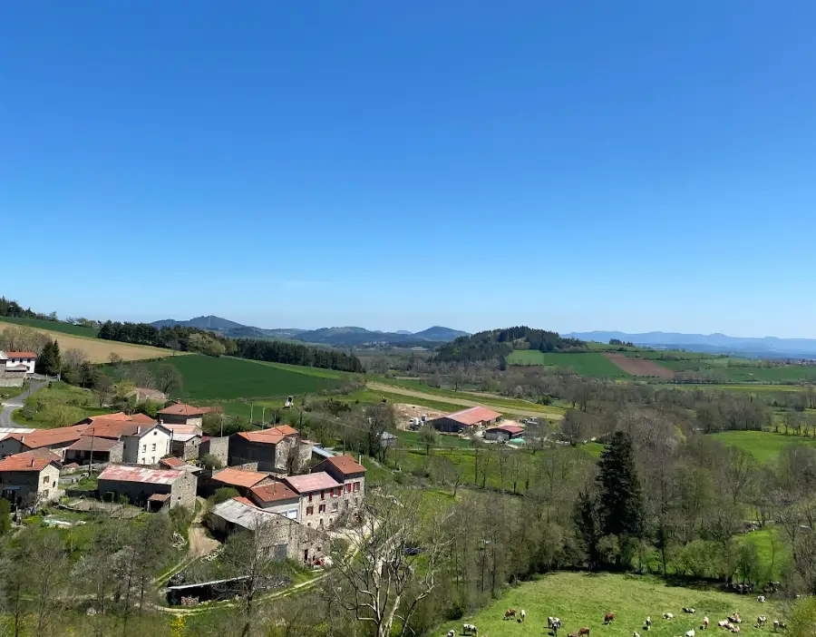 A shot of the French village where the author lived, featuring houses, fields, and a skyline.
