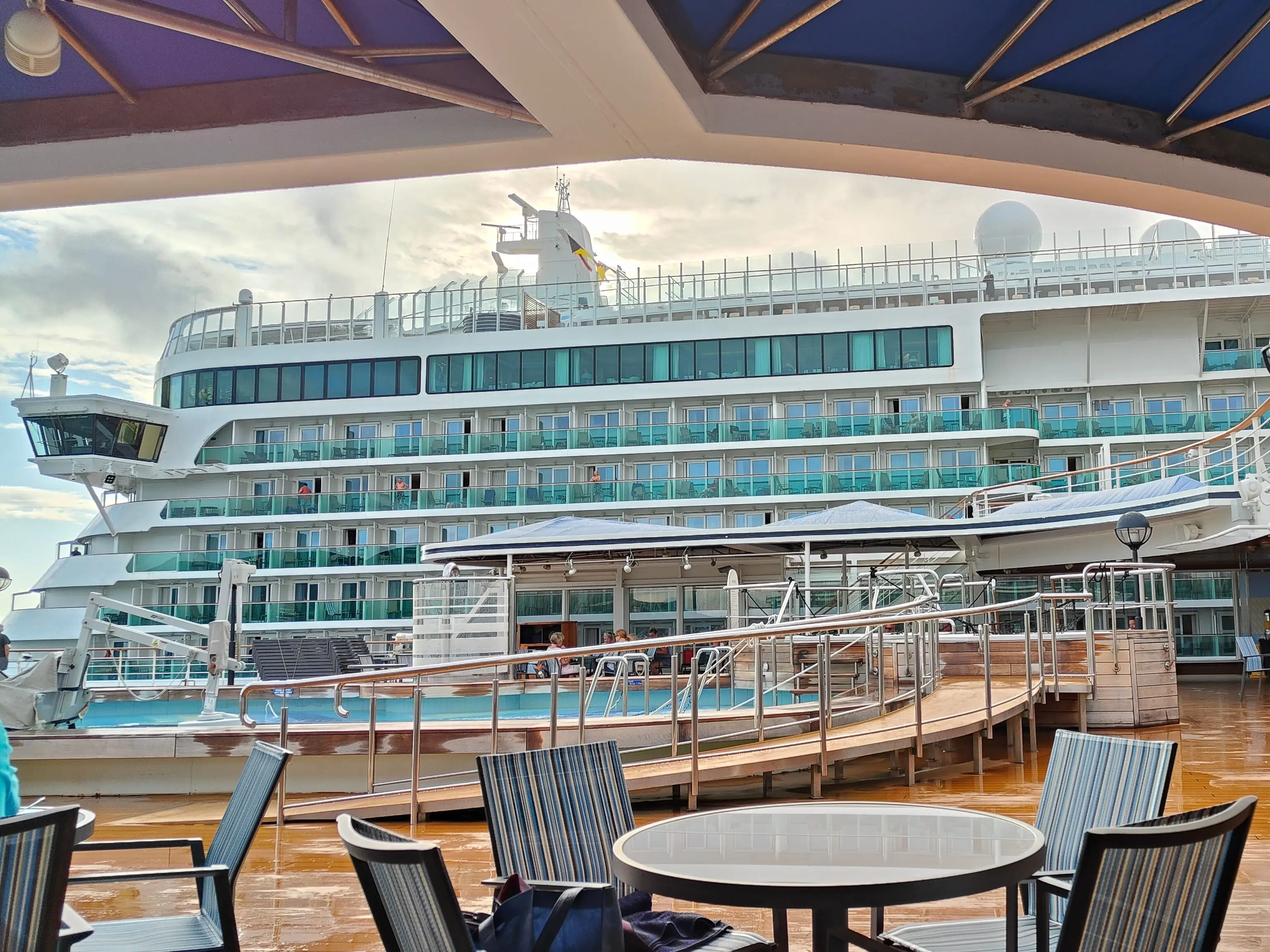 The view of a cruise ship from the pool deck.