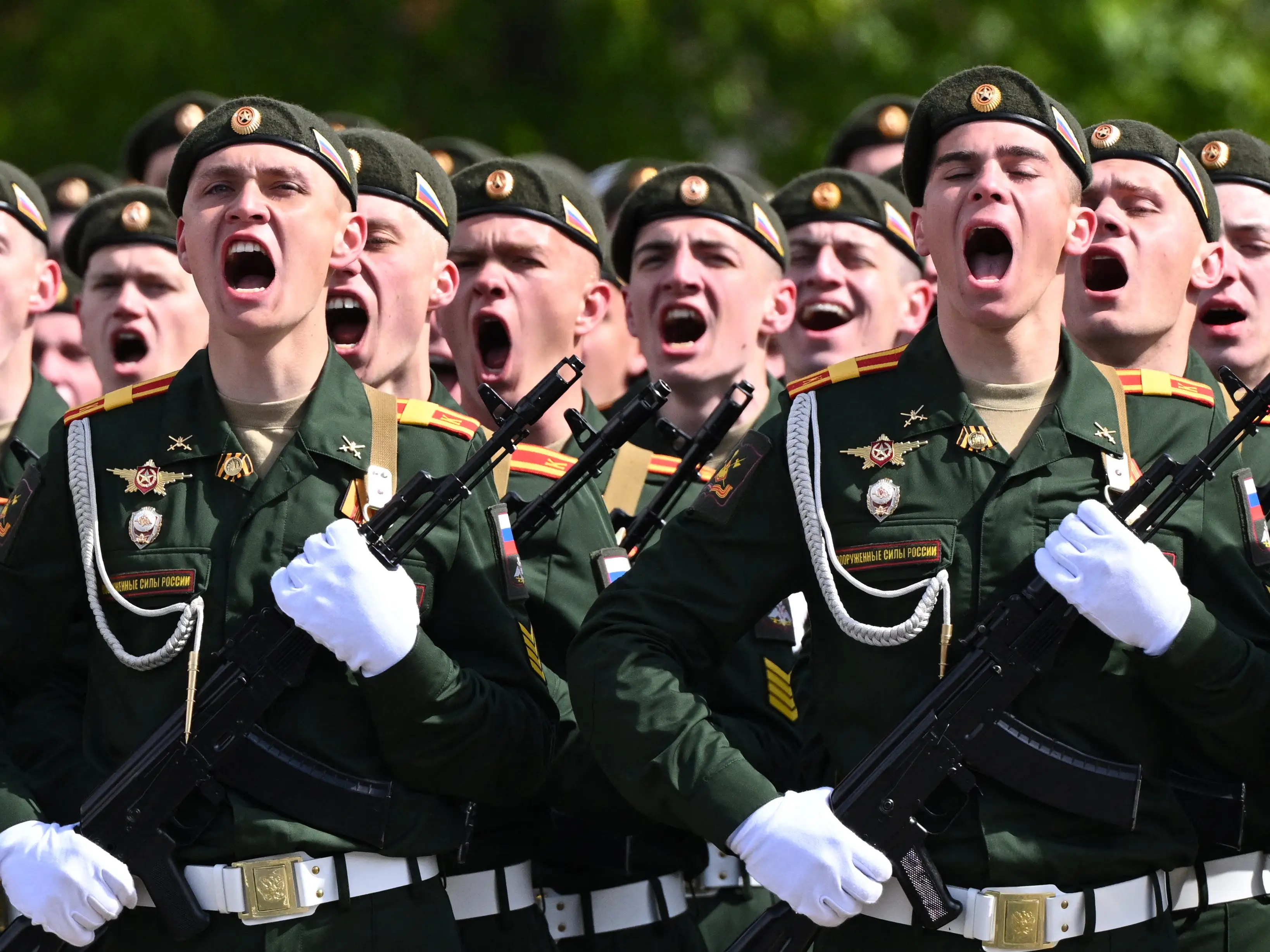 Russian servicemen attend the Victory Day military parade on Red Square in Moscow
