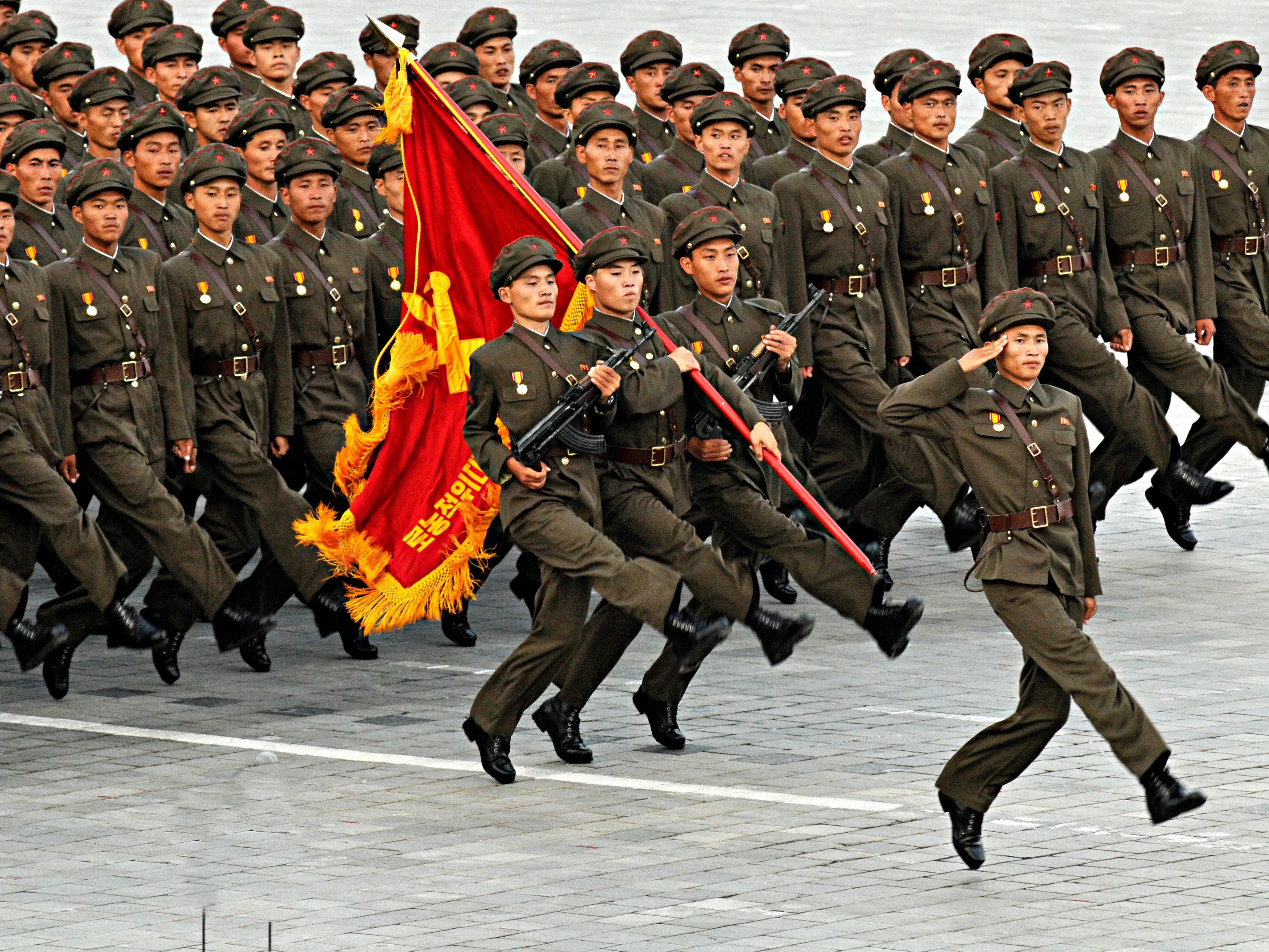 Military parade in Kim Il Sung Square in Pyongyang, capital of the Democratic People's Republic of Korea