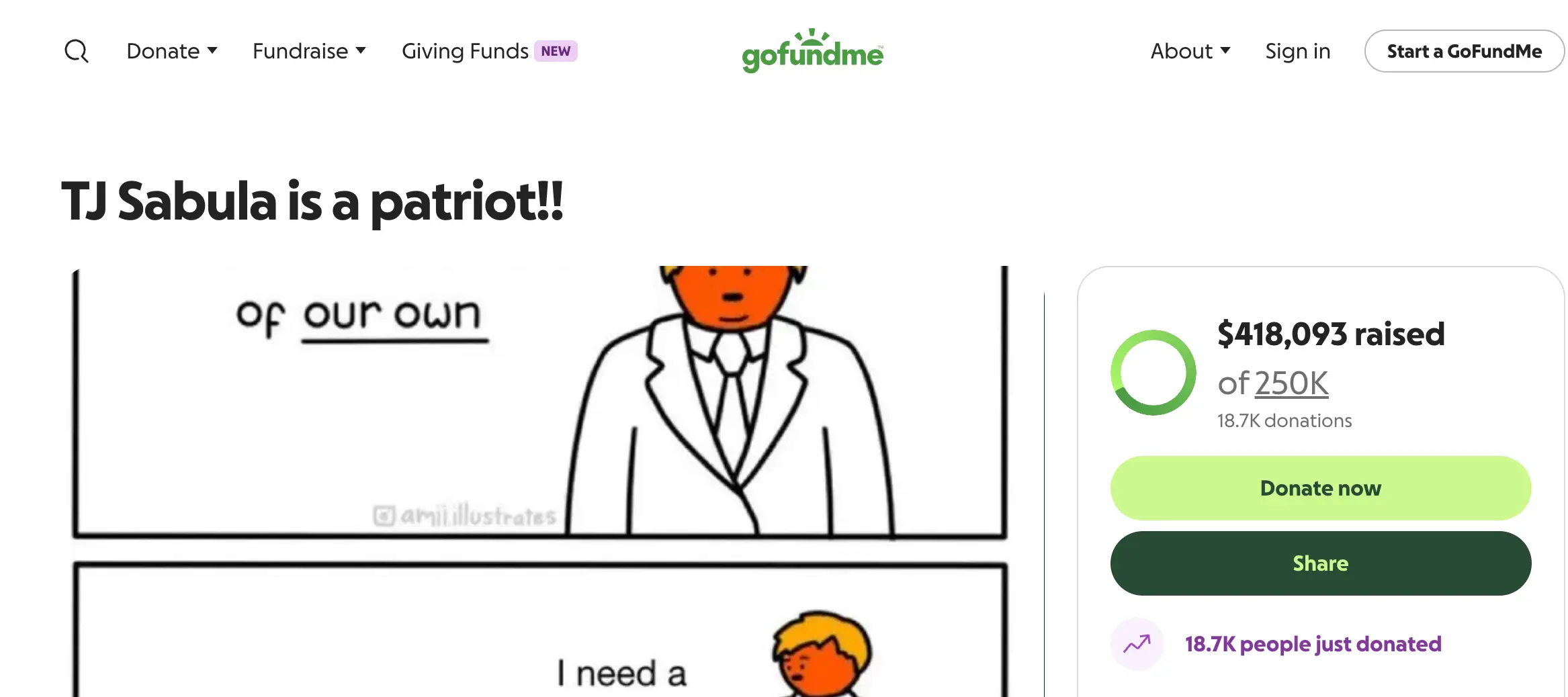 A GoFundMe for TJ Sabula has raised over $418,000.