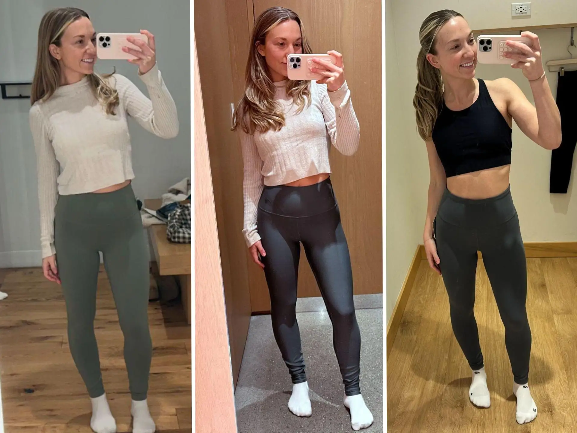 A composite image of Chloe wearing three different pairs of leggings.