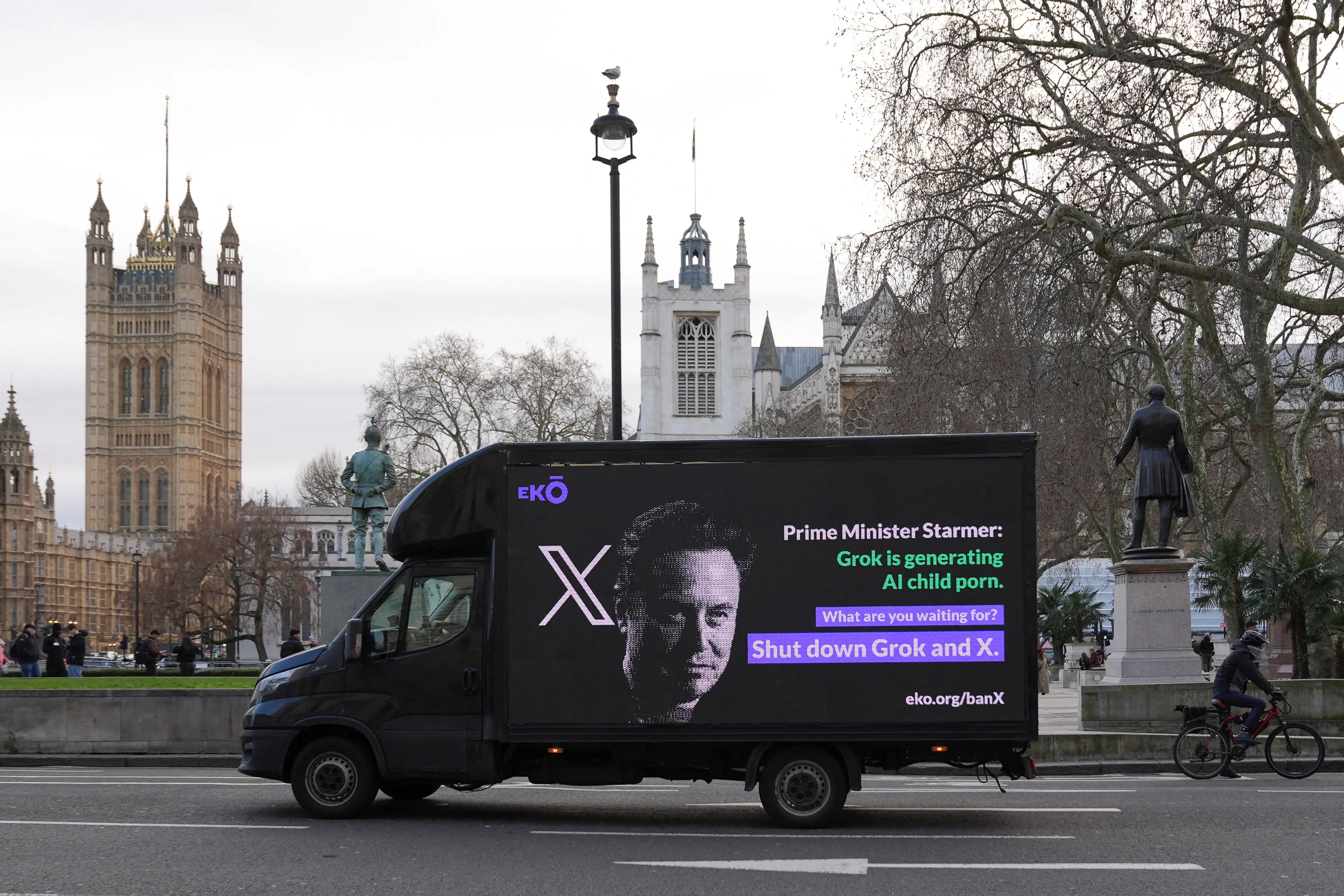 A billboard organised by corporate accountability group Eko passes through Westminster urging the Prime Minister to stand up to Elon Musk and ban X and Grok, in London