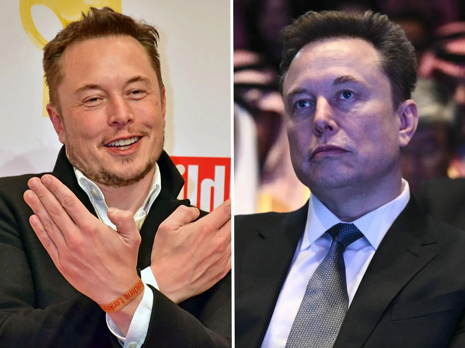 A side-by-side showing Elon Musk in 2016 (L) and late 2025 (R)