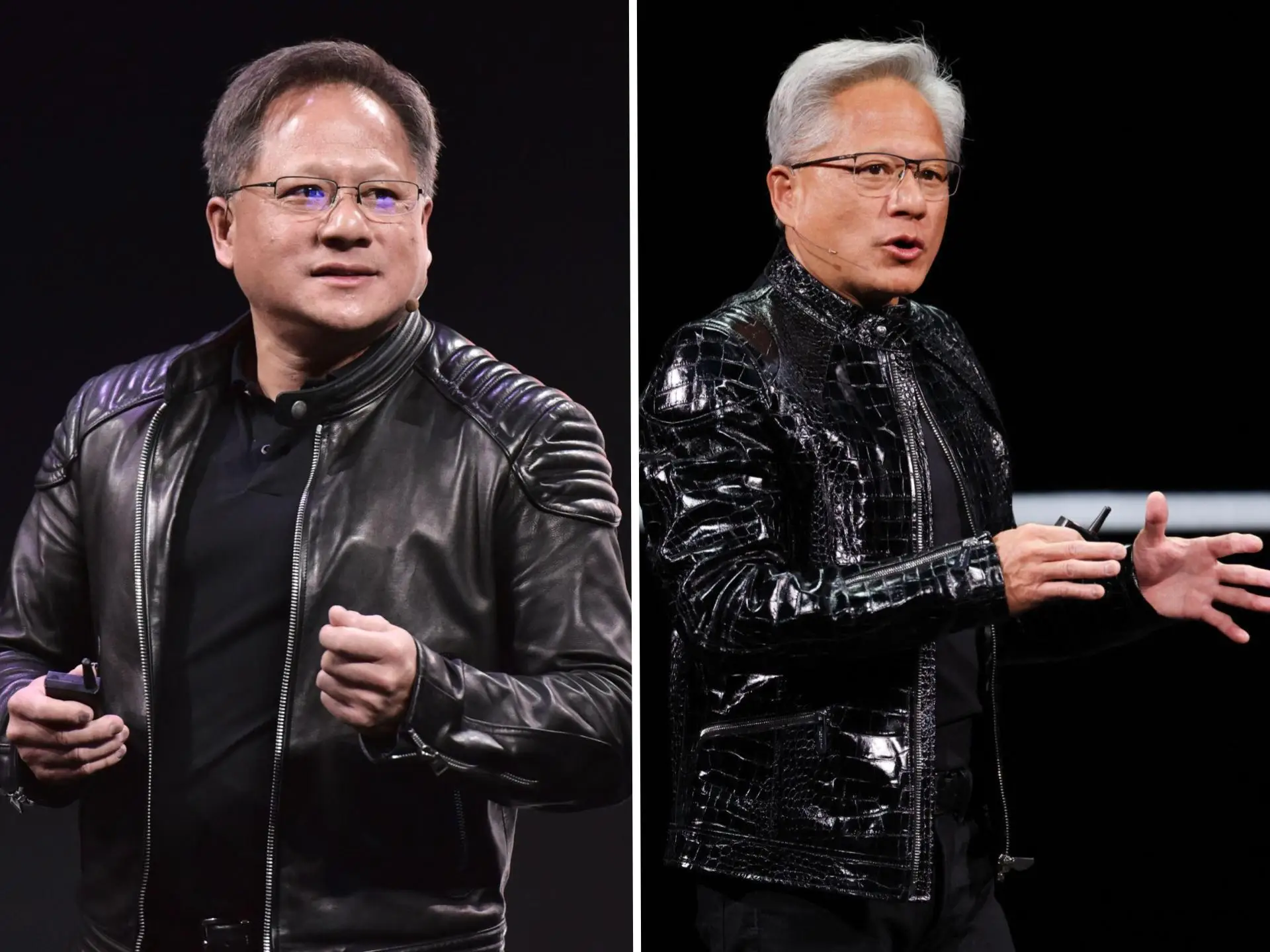 Jensen Huang of Nvidia shown in a composite photo: speaking on stage in 2018 and 2026.