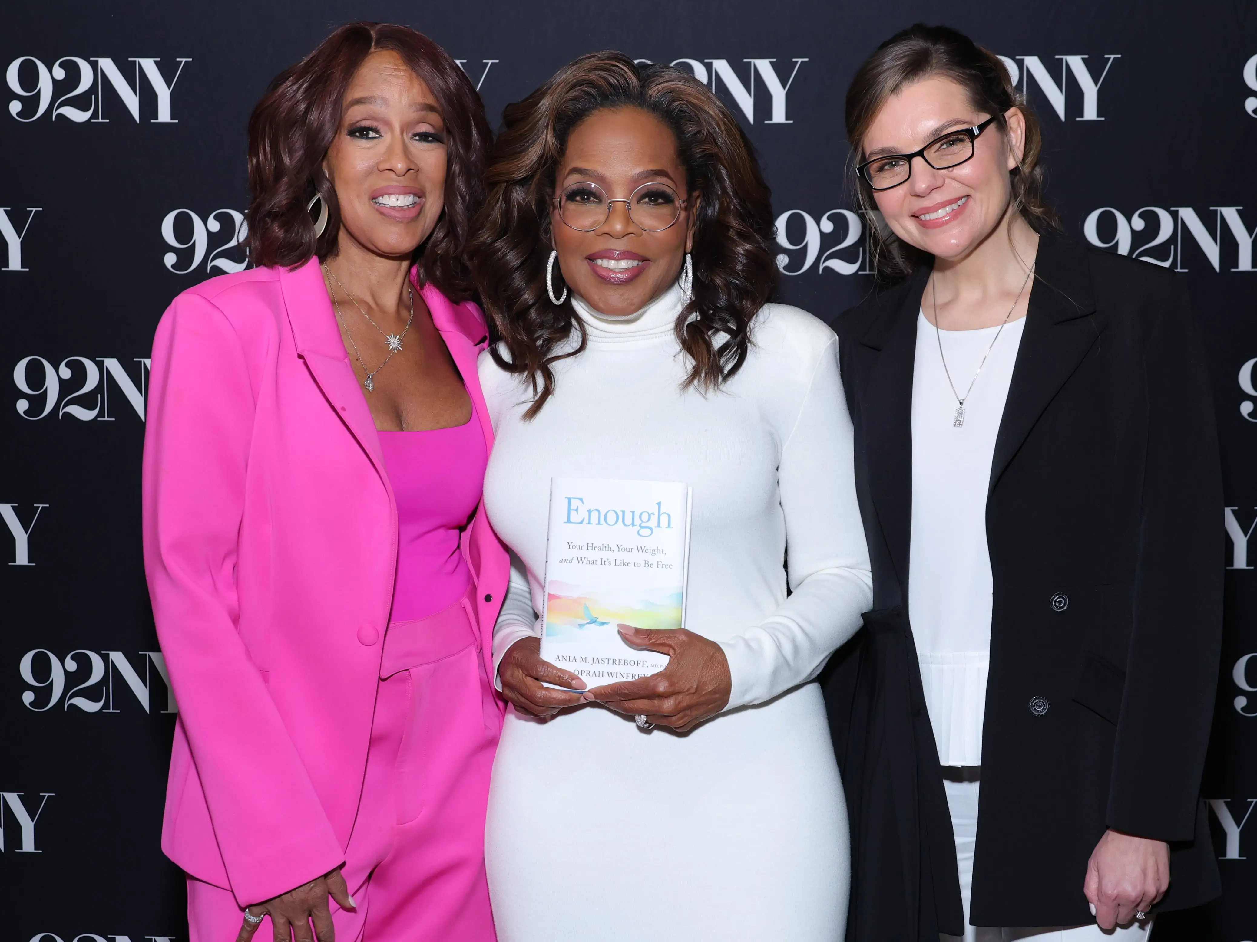 Gayle King, Oprah Winfrey and Dr. Ania M. Jastreboff pose before an In Conversation on Winfrey's and Jastreboff's book Enough at 92Y on January 13, 2026 in New York City.