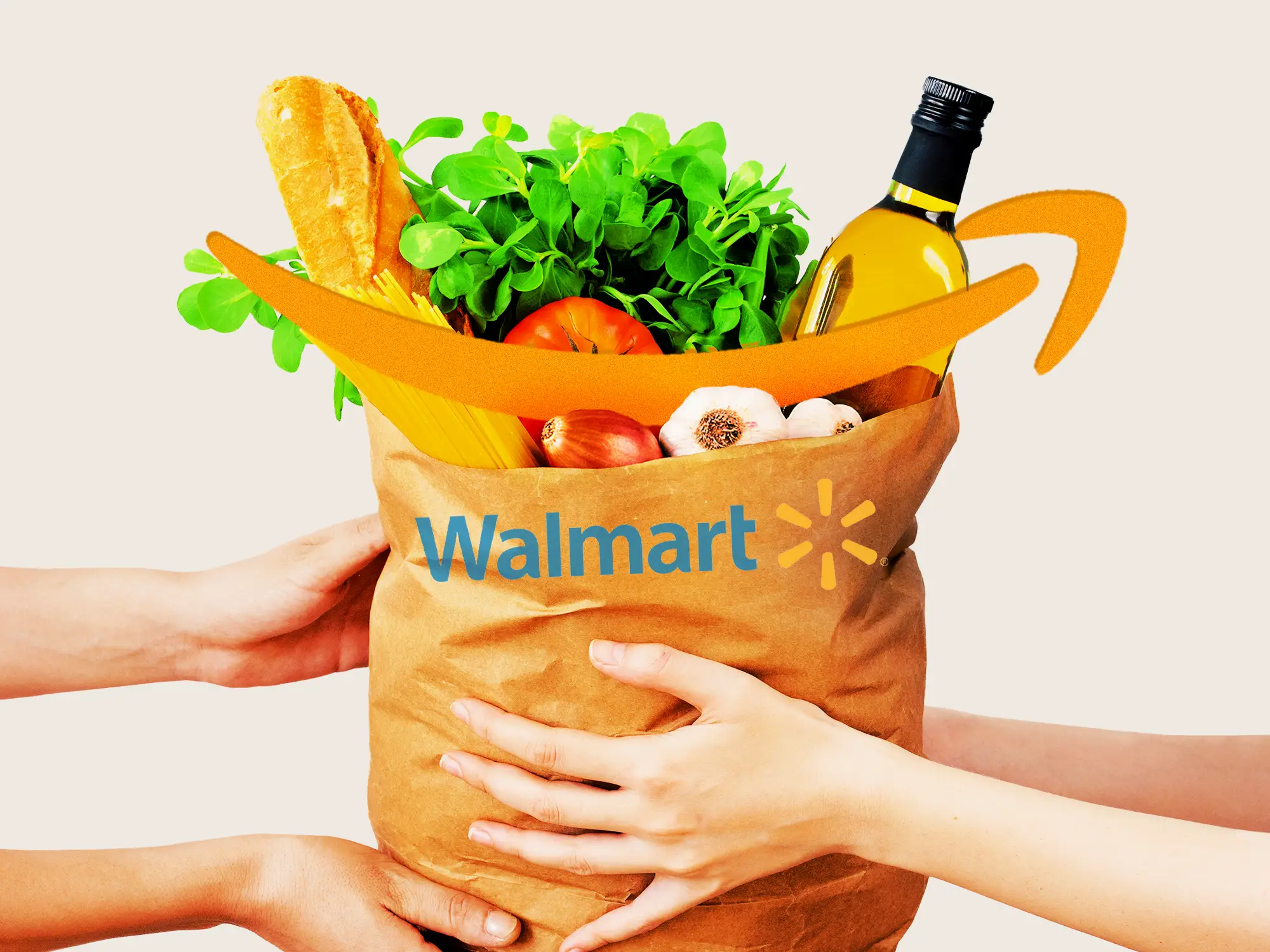 Delivery worker handing over a Walmart bag filled with groceries, and an Amazon logo.