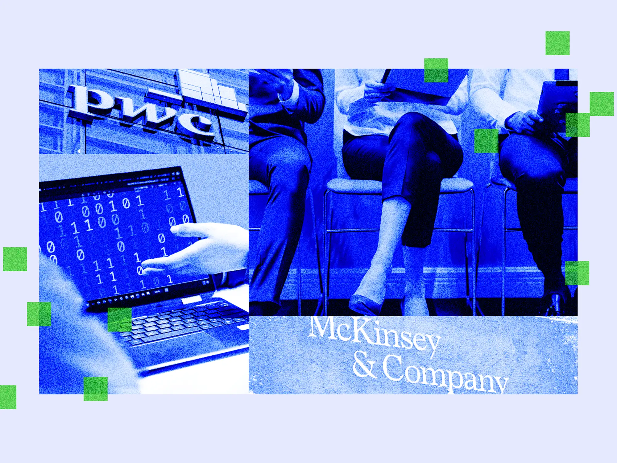 Photo collage featuring the PwC and McKinsey & Company logos, a laptop displaying an AI interface, and people sitting and waiting for a job interview.