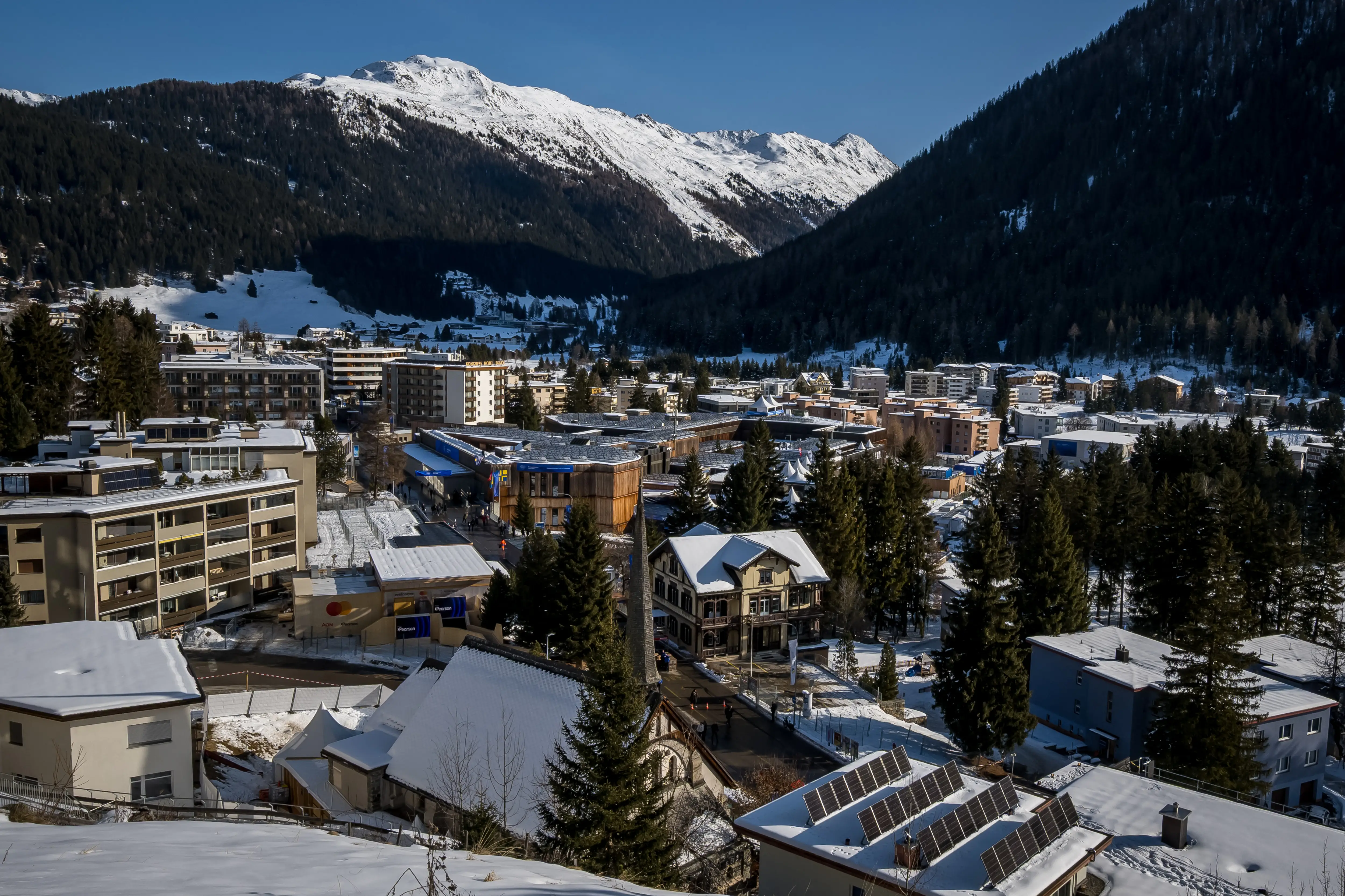 This photograph taken on January 18, 2026 shows a view of the Alpine resort of Davos with the Congress Centre that will host the World Economic Forum (WEF) annual meeting.