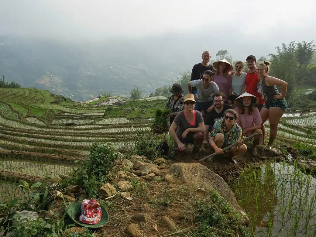 A group of friends rice-planting at a Hmong homestay in Sapa, Vietnam.