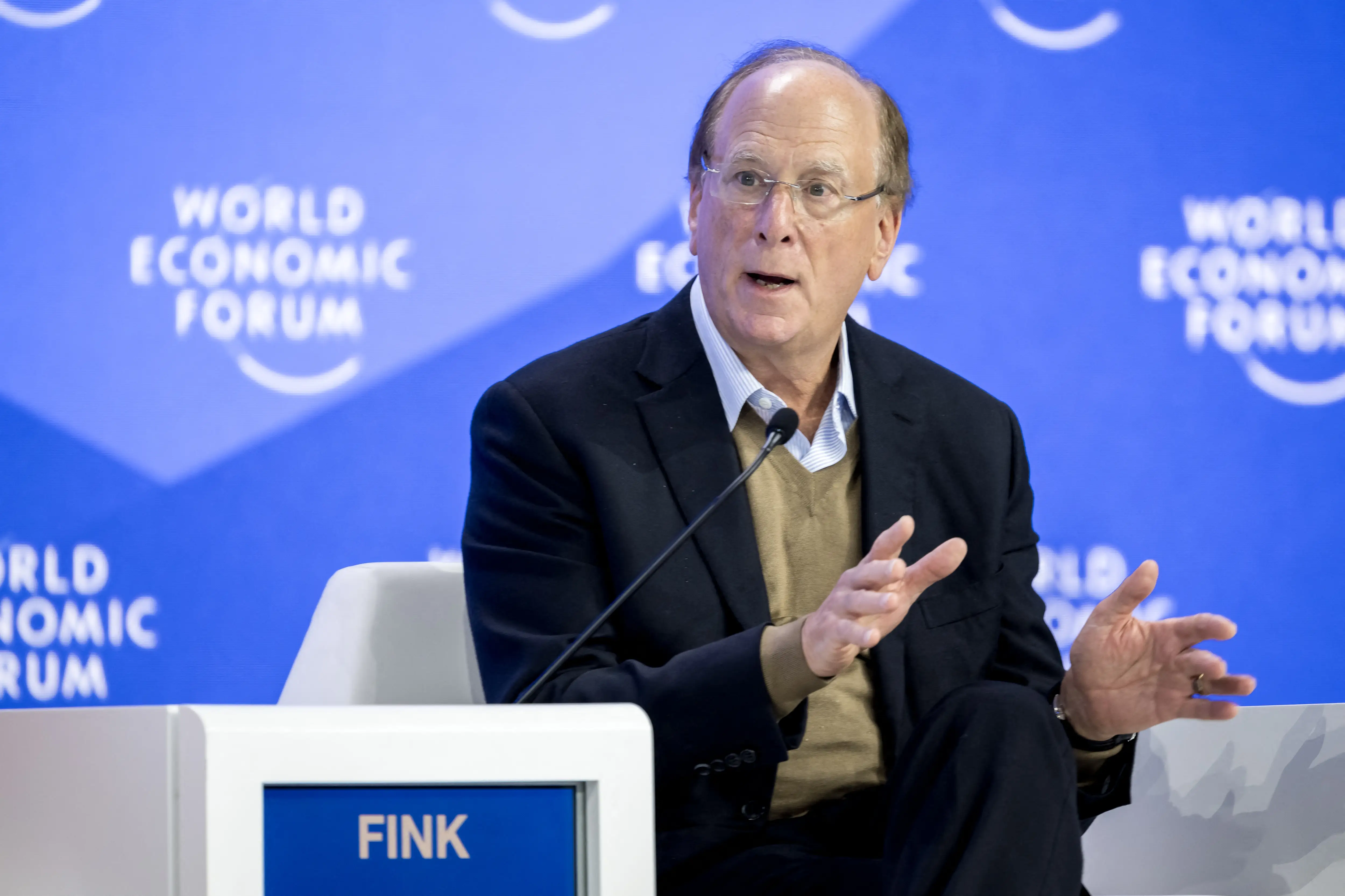 BlackRock chairman and CEO US Larry Fink gestures as he addresses the audience, during the annual meeting of the World Economic Forum (WEF) in the Alpine resort of Davos on January 24, 2025.