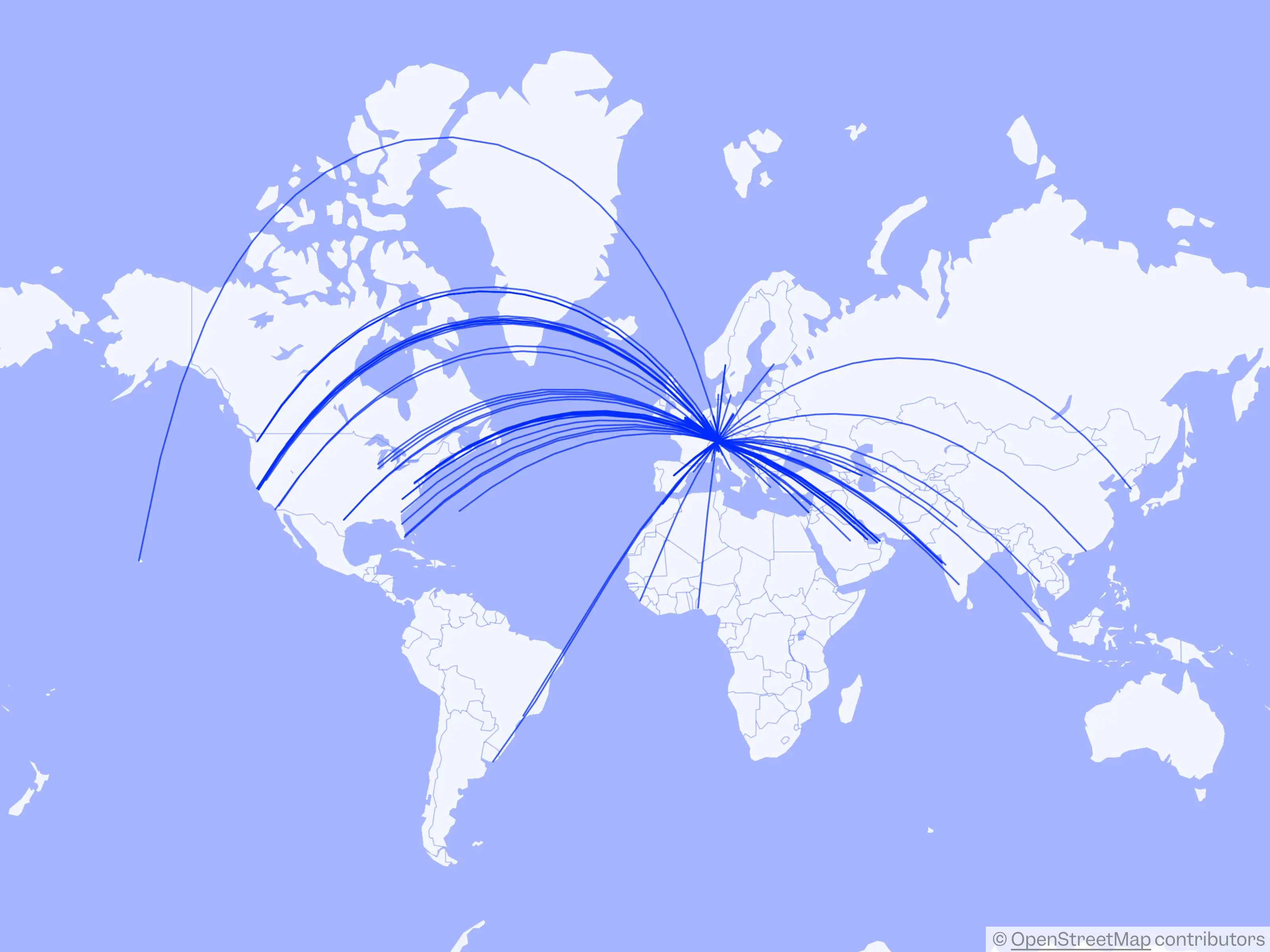 A map of the world showing lots of flight paths from lots of different countries converging on Switzerland on the first day of the World Economic Forum's 2026 meeting in Davos.
