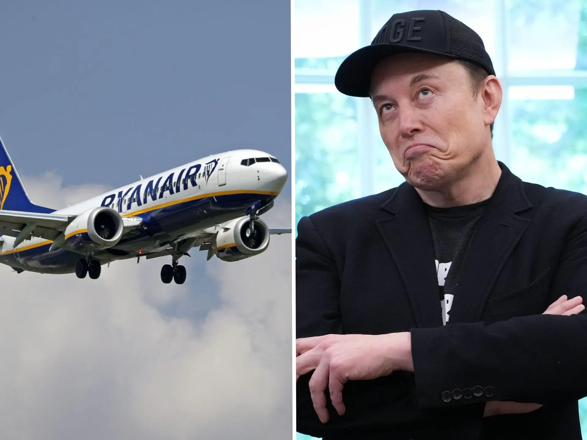 A collage of a Ryanair Boeing 737 Max and Elon Musk pouting in thought and wearing a DOGE cap.