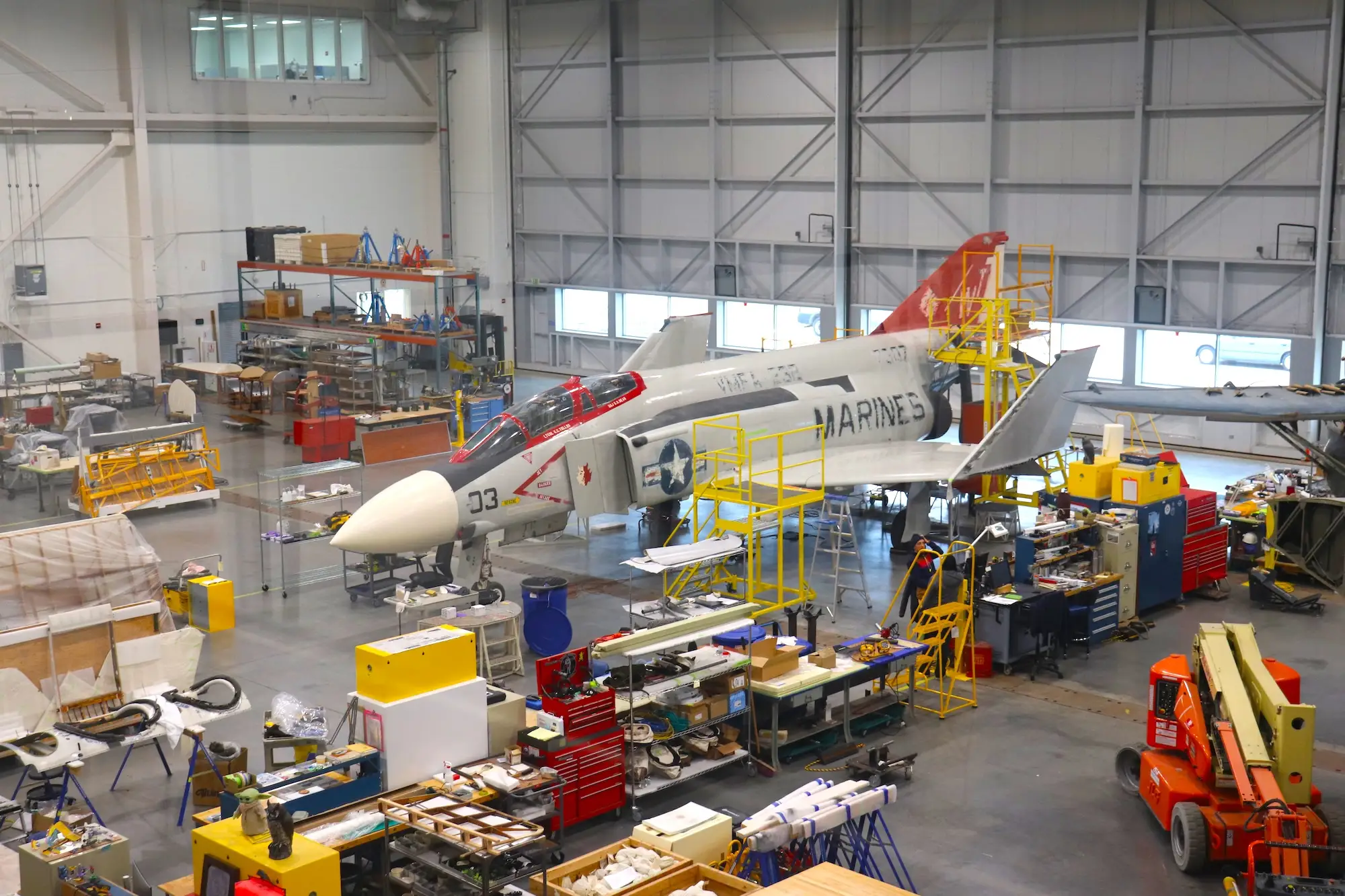 A McDonnell F-4S Phantom II in the Mary Baker Engen Restoration Hangar.