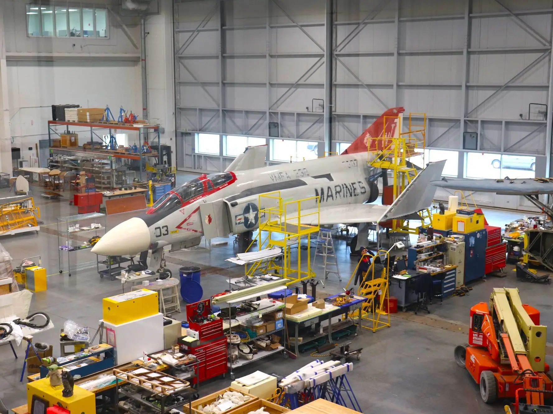 A McDonnell F-4S Phantom II in the Mary Baker Engen Restoration Hangar.