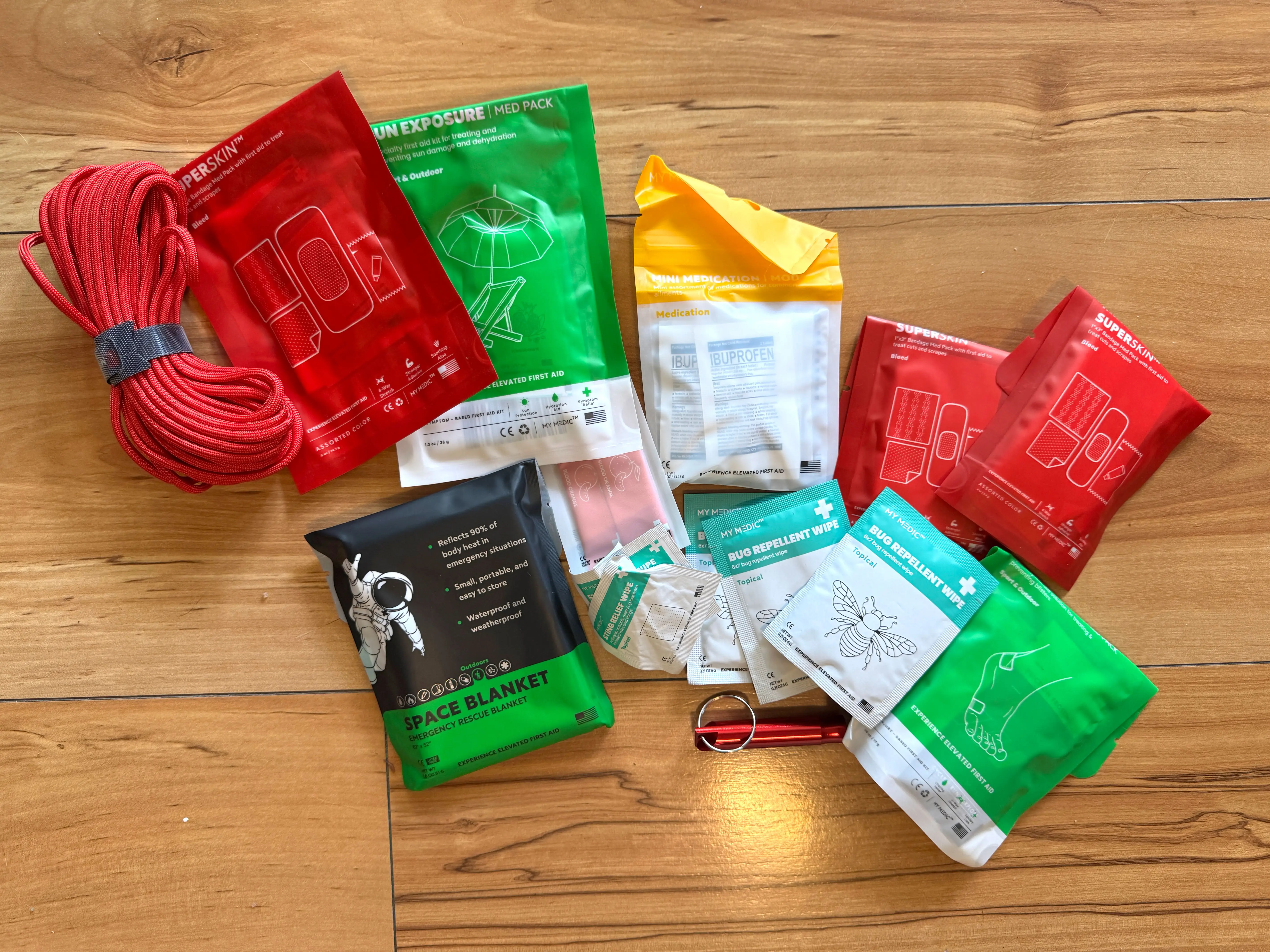 First-aid materials on a table.