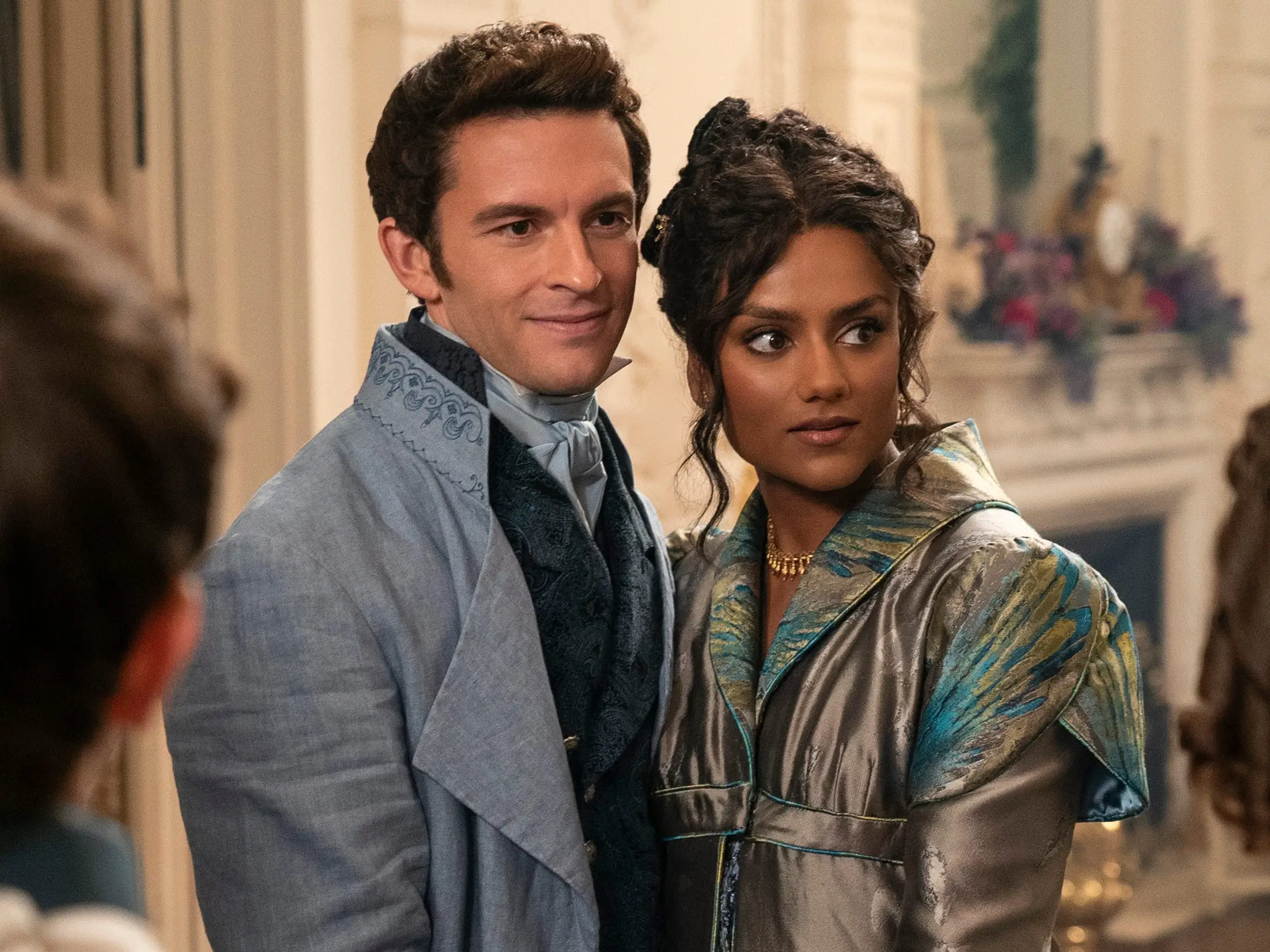 Simone Ashley as Kate Bridgerton (née Sharma) and Jonathan Bailey as Anthony Bridgerton on season three, episode five of 