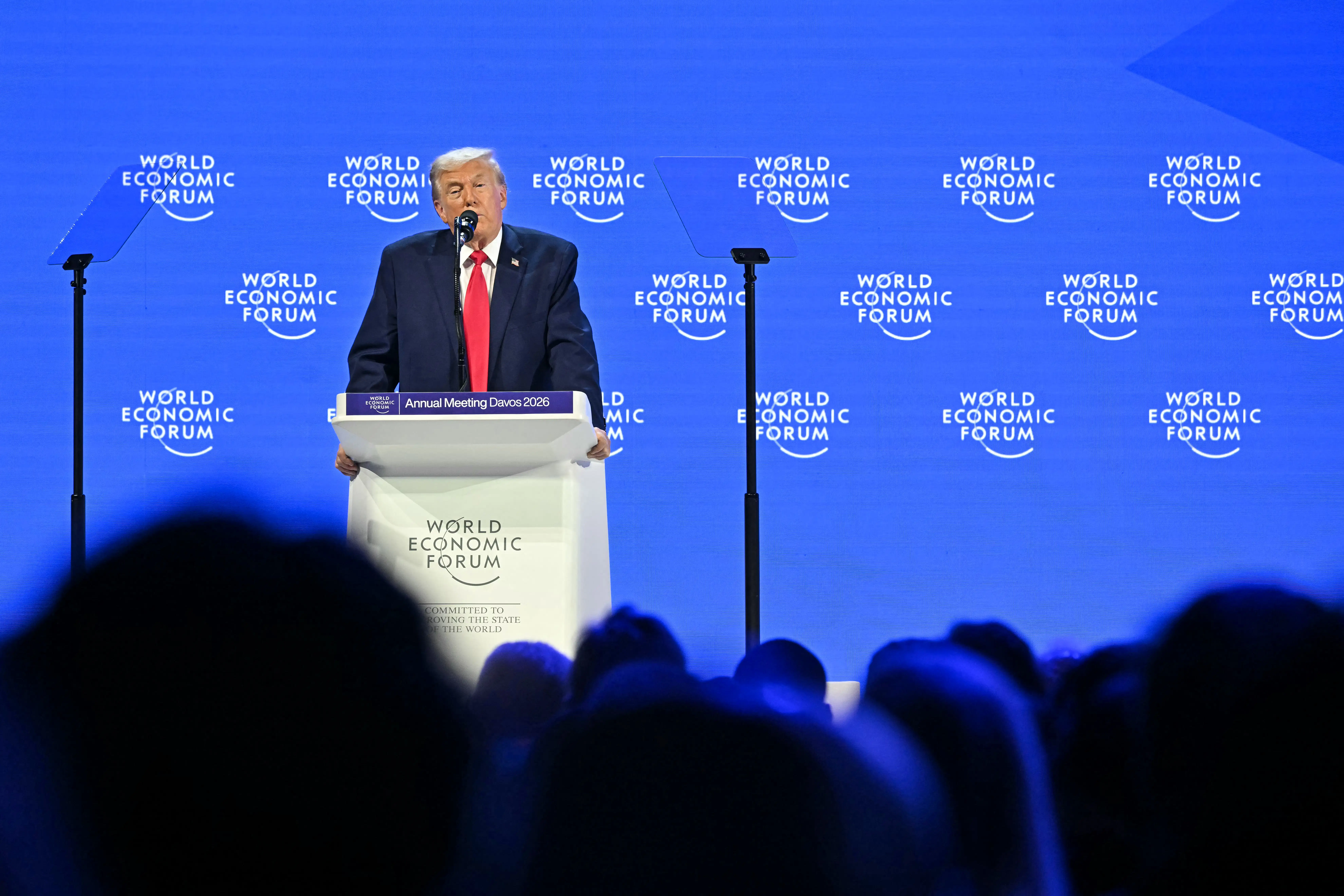US President Donald Trump delivers a special address to a crowd of people during the World Economic Forum annual meeting in Davos