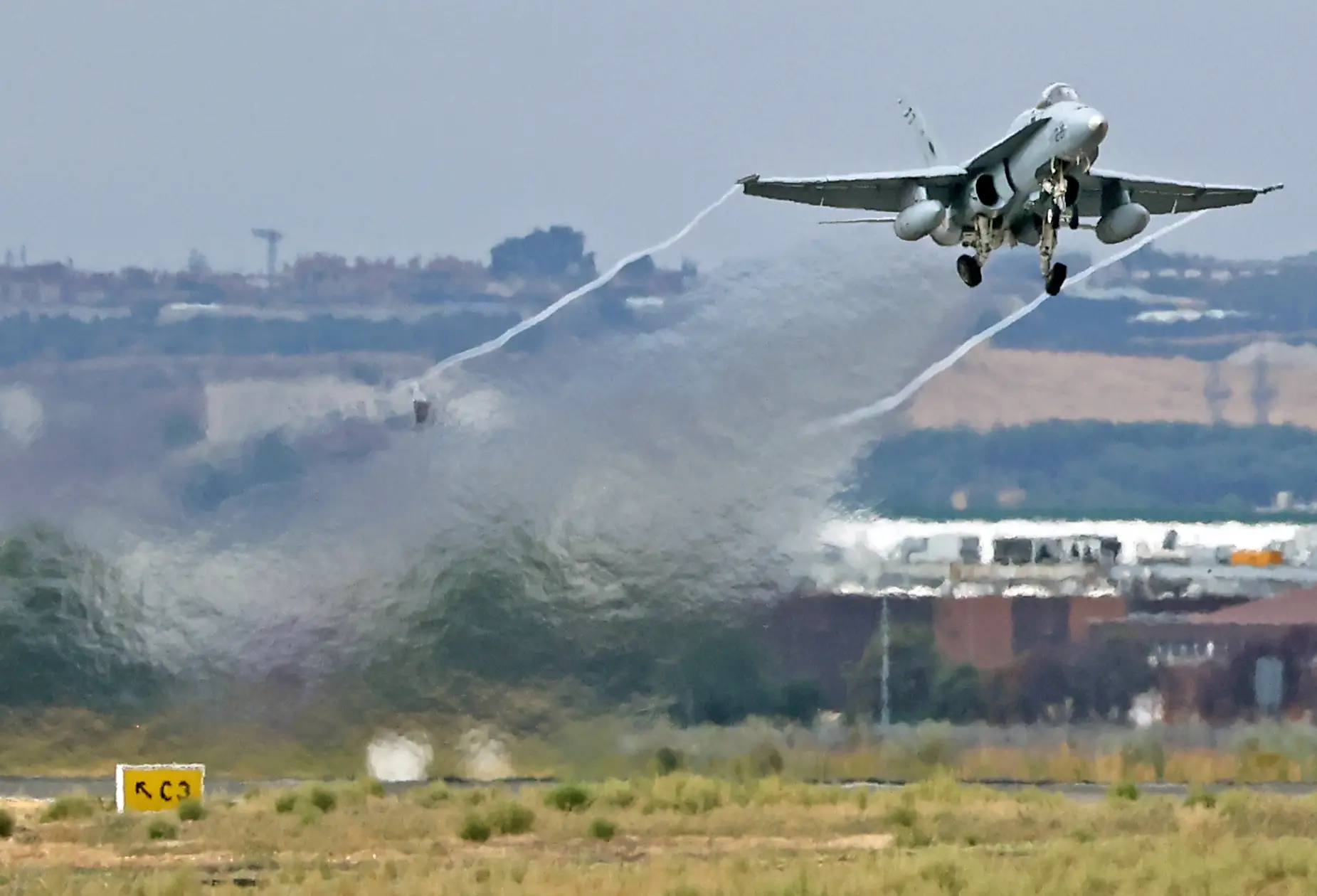 A McDonnell Douglas EF-18A Hornet of the Spanish Air Force takes off from the Torrejon de Ardoz military base in Madrid, Spain, on October 12, 2025.