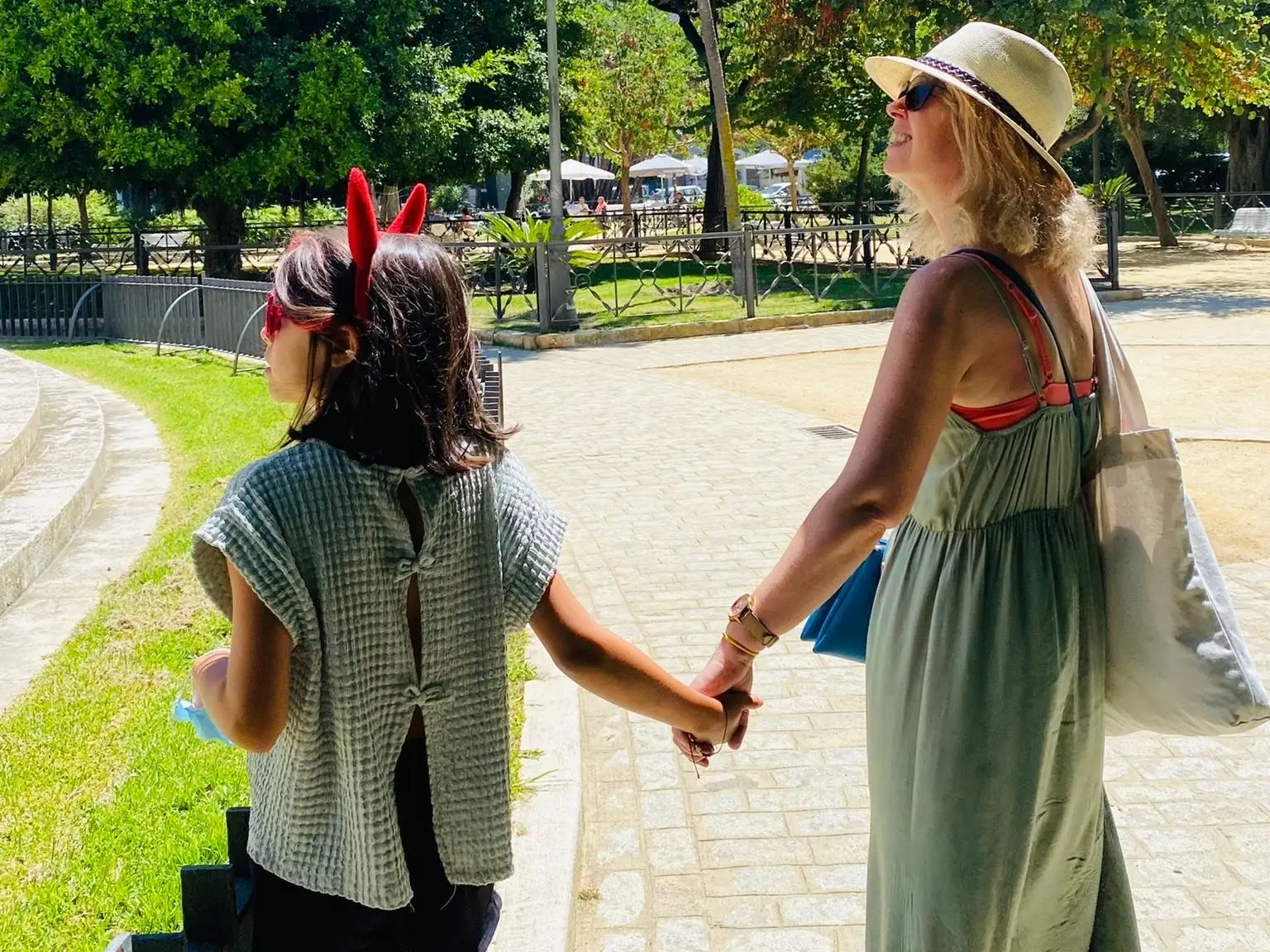 Siobhan Colgan and her son looking out at a landscape abroad