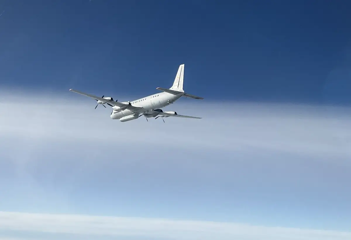A Russian aircraft seen from the cockpit of a NATO fighter jet.