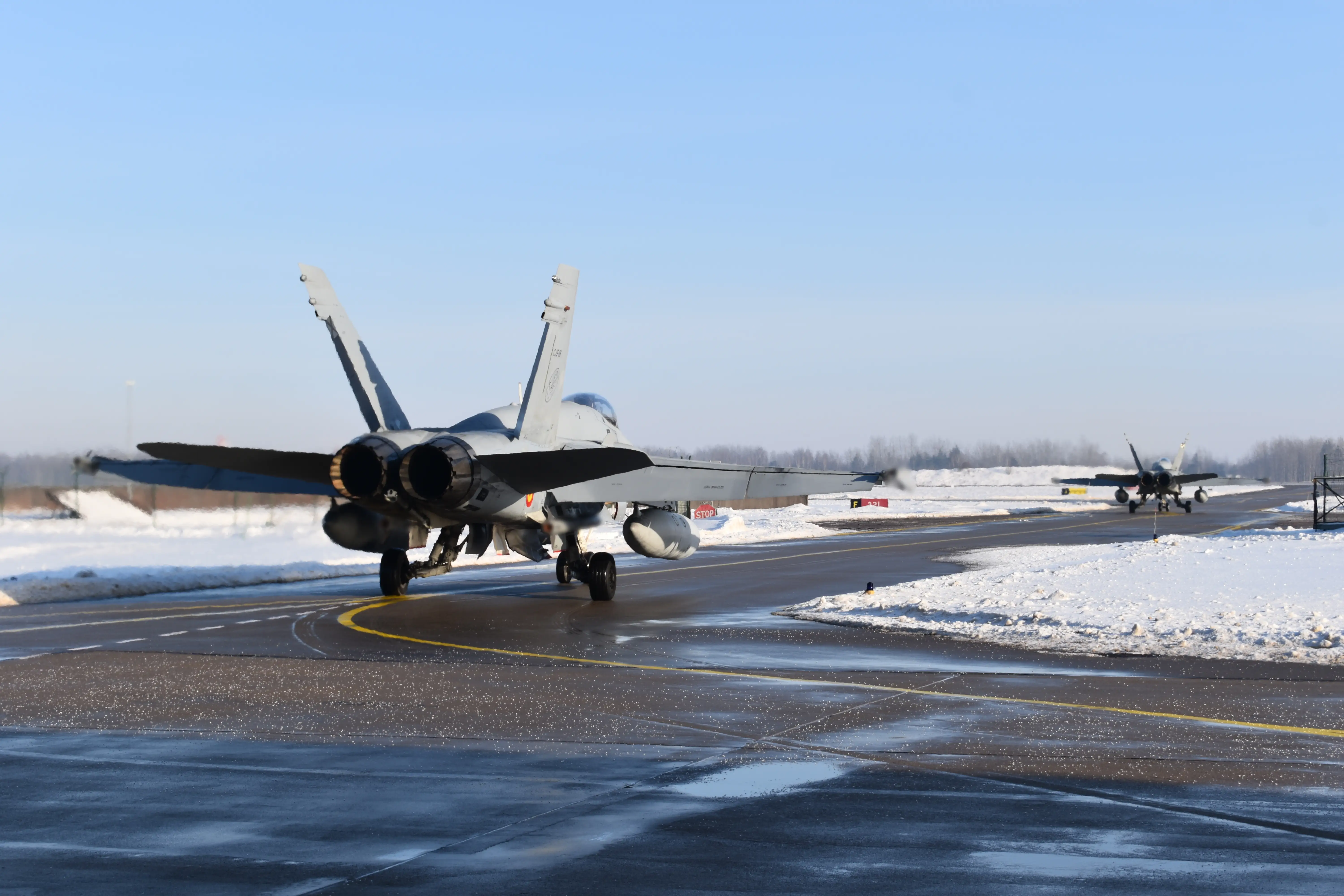 An EF-18 of the Spanish Air Force 15th Wing at Šiauliai Air Base in Lithuania in January 2026.