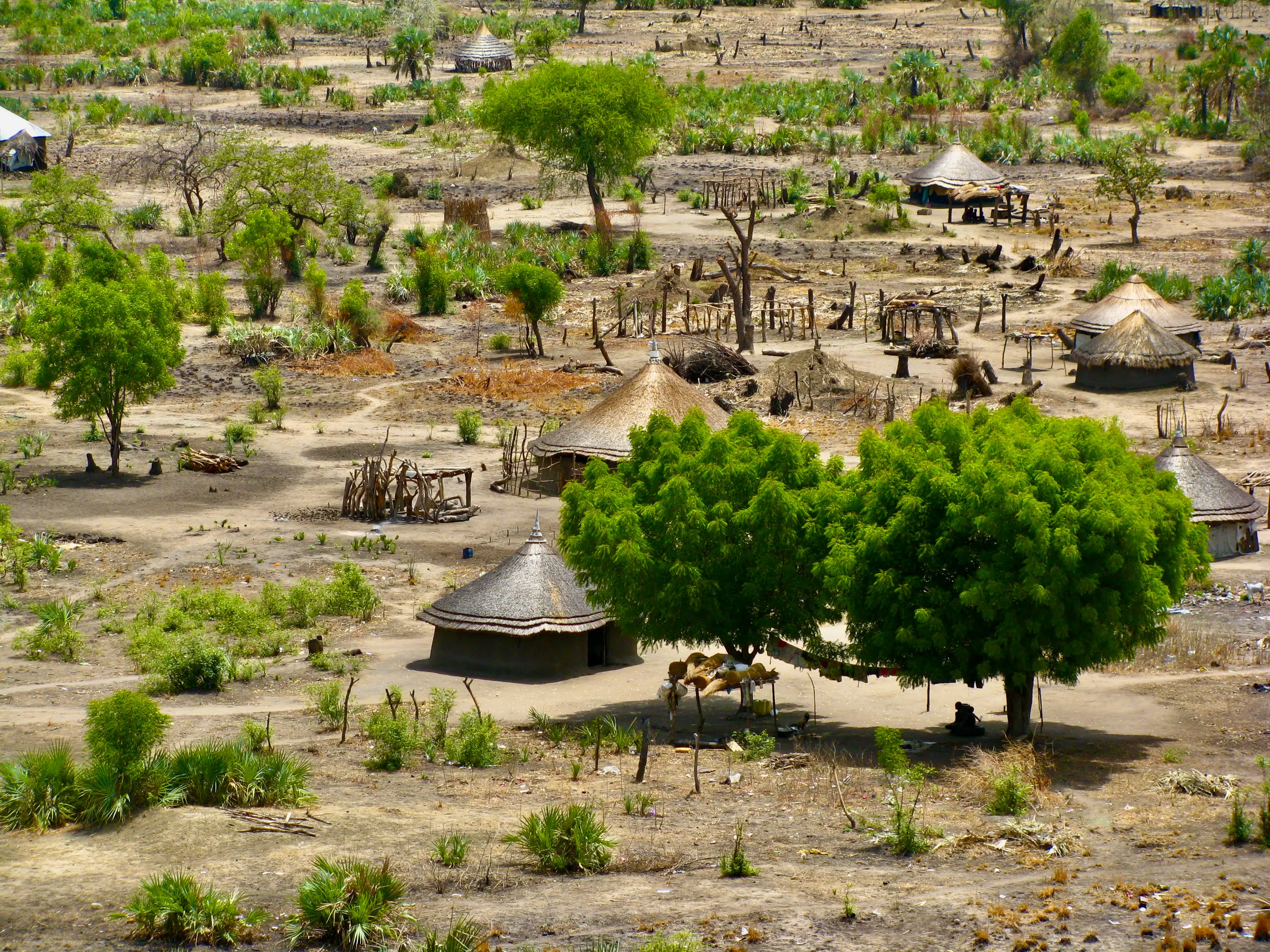 Traditional African lifestyle in a small village in South Sudan near White Nile river, native sudanese house, view from above.
