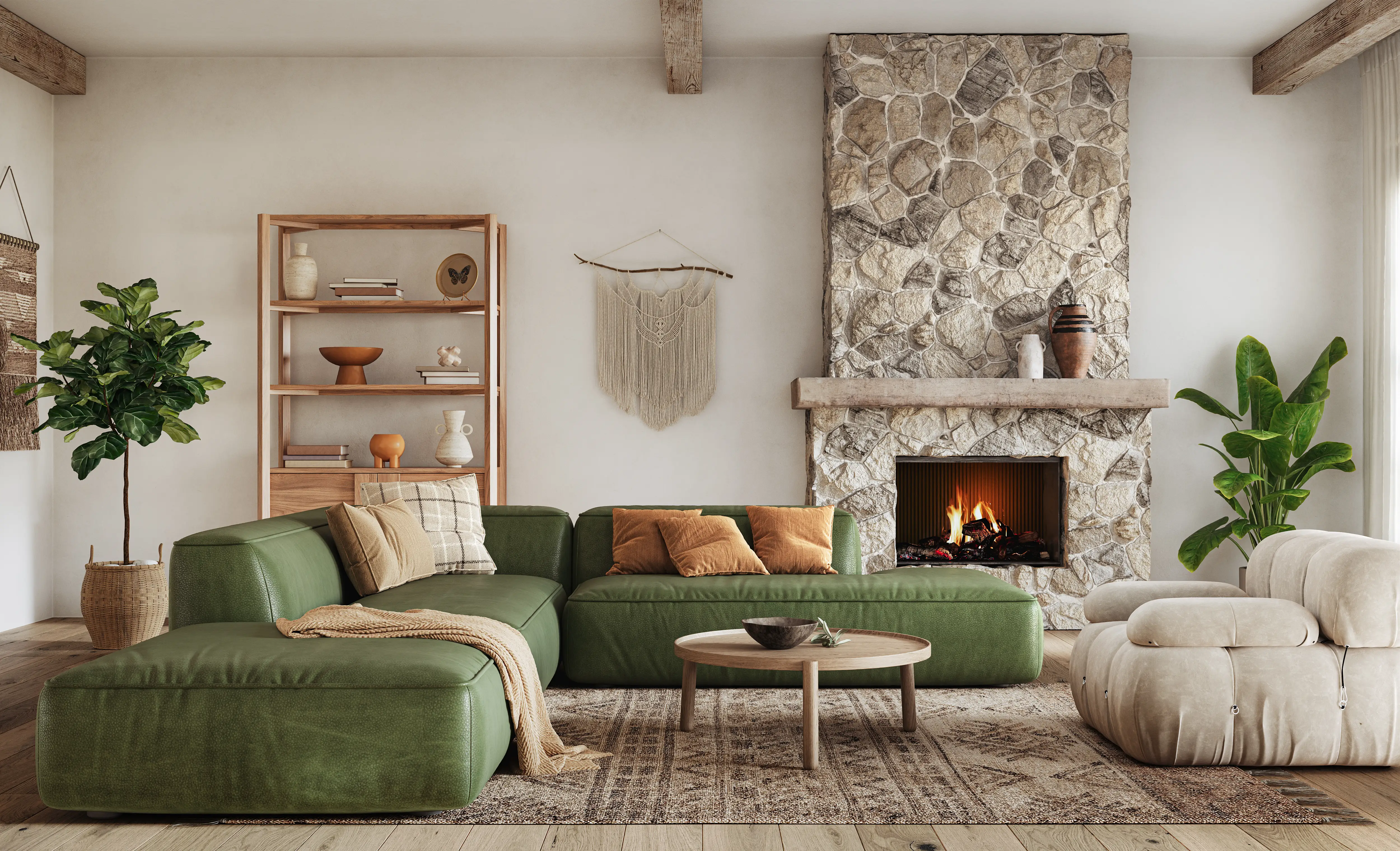 Living room with fireplace, green couch