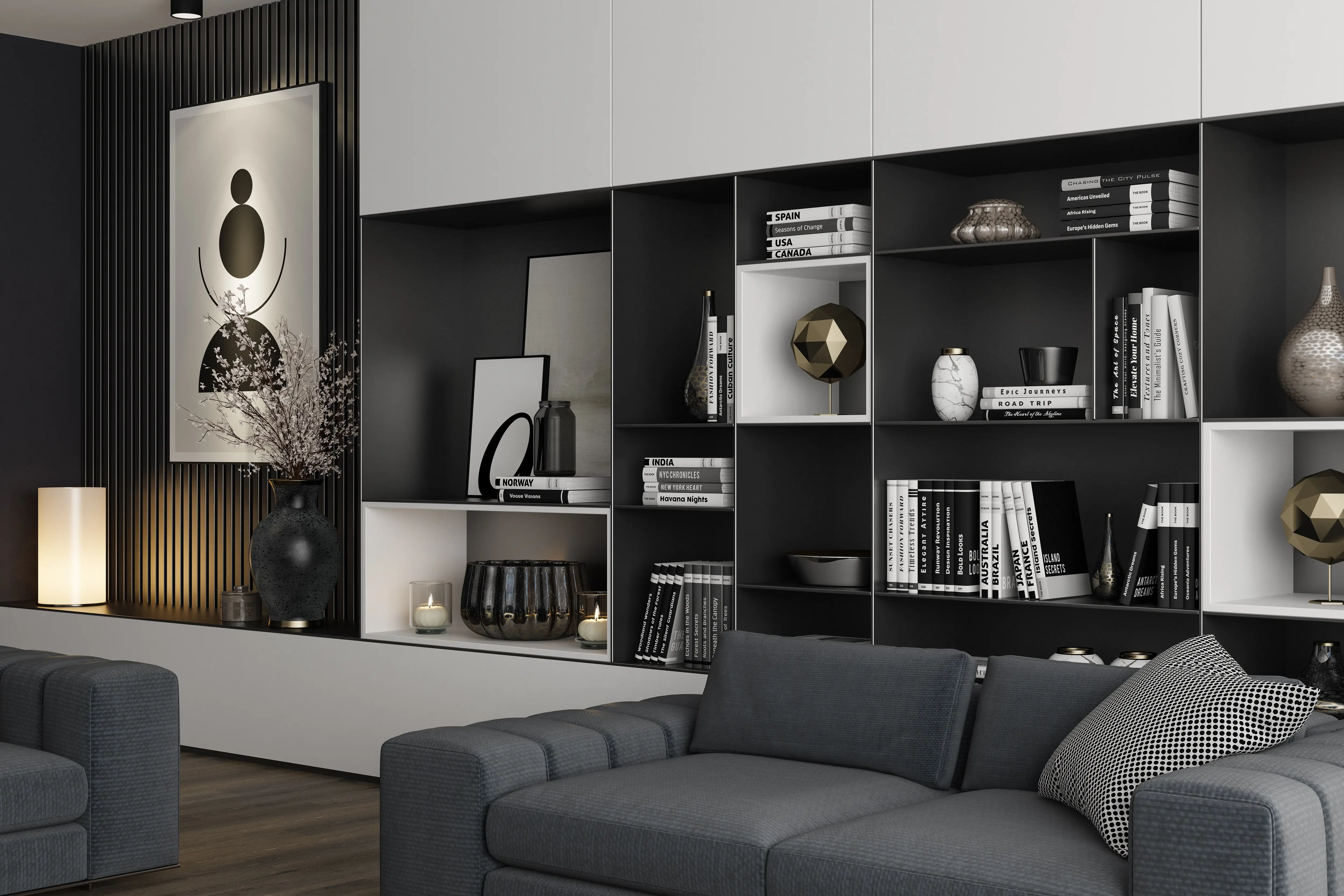 Black and white bookshelves
