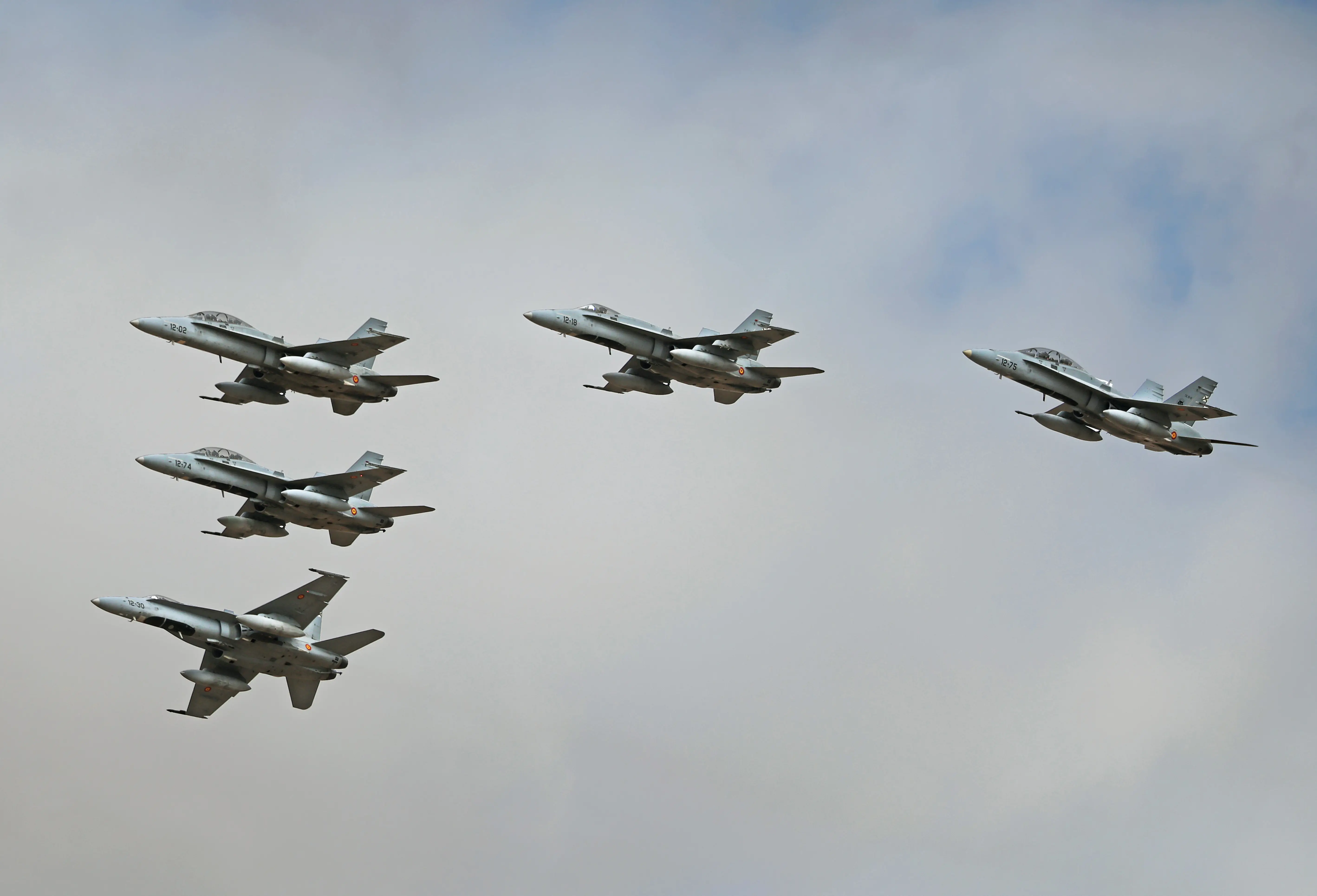 Five McDonnell Douglas EF-18 Hornets of the Spanish Air Force fly in formation over the Torrejon de Ardoz military base in Madrid, Spain, on October 12, 2025.