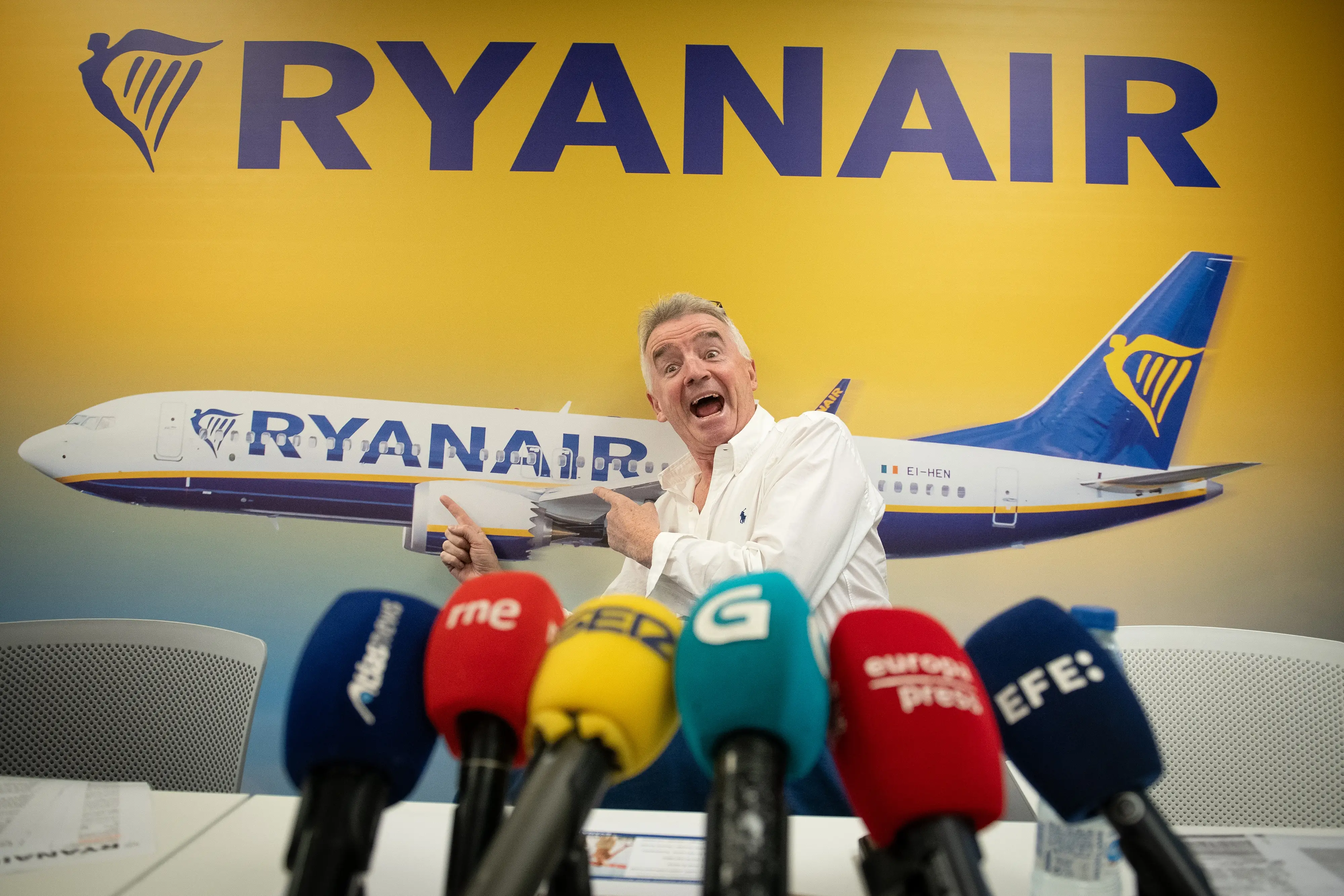 Ryanair CEO Michael O'Leary poses in front of a backdrop at a press conference at Ryanair's headquarters on October 8, 2025, in Madrid, Spain.
