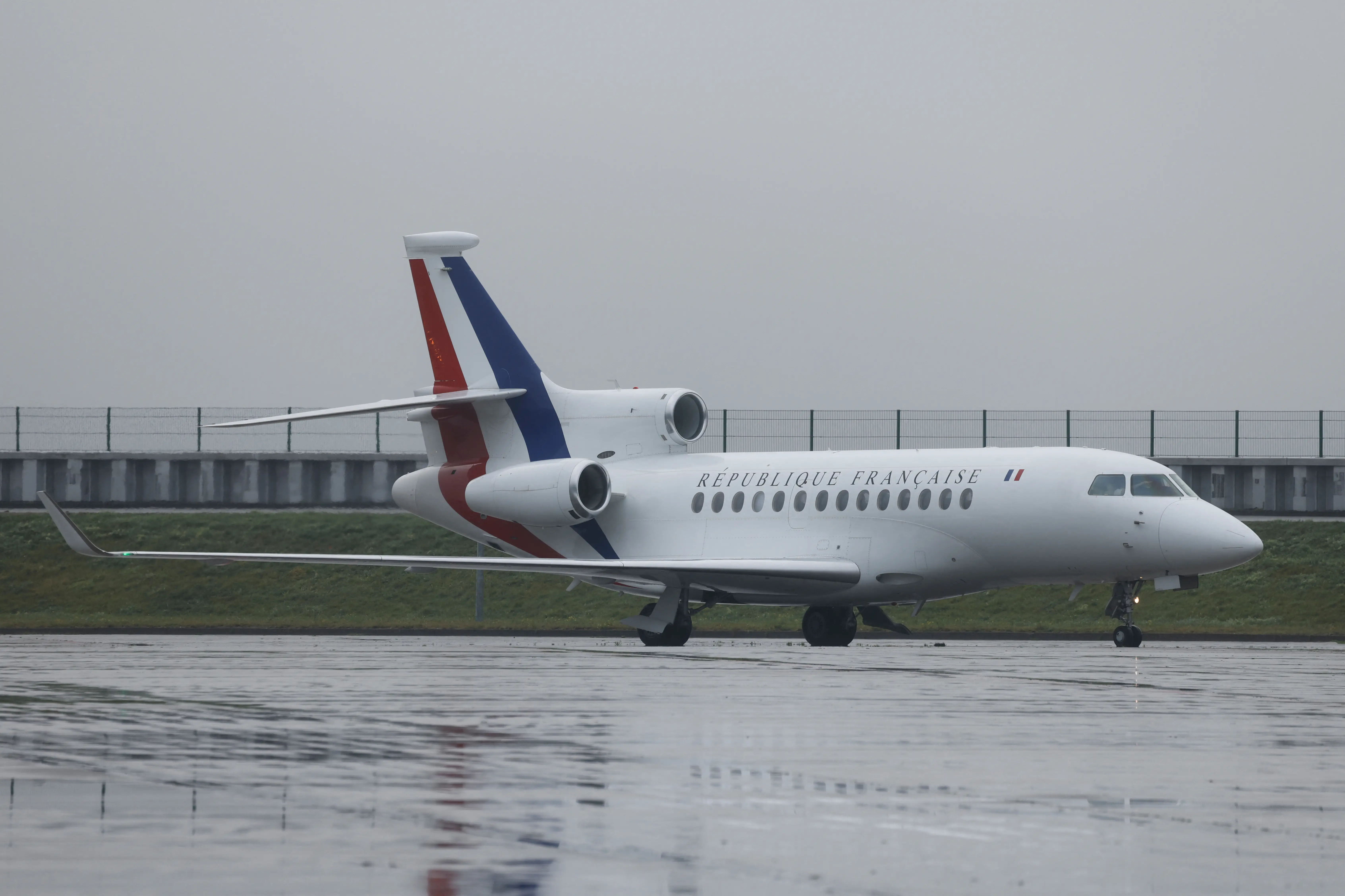 A Dassault Falcon 7X aircraft of the French delegation arrived at the Airbus plant in Hamburg, northern Germany, on October 9, 2023,