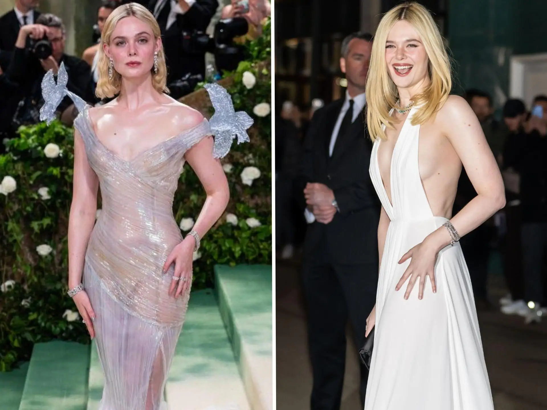 A side-by-side of Elle Fanning in two different gowns.