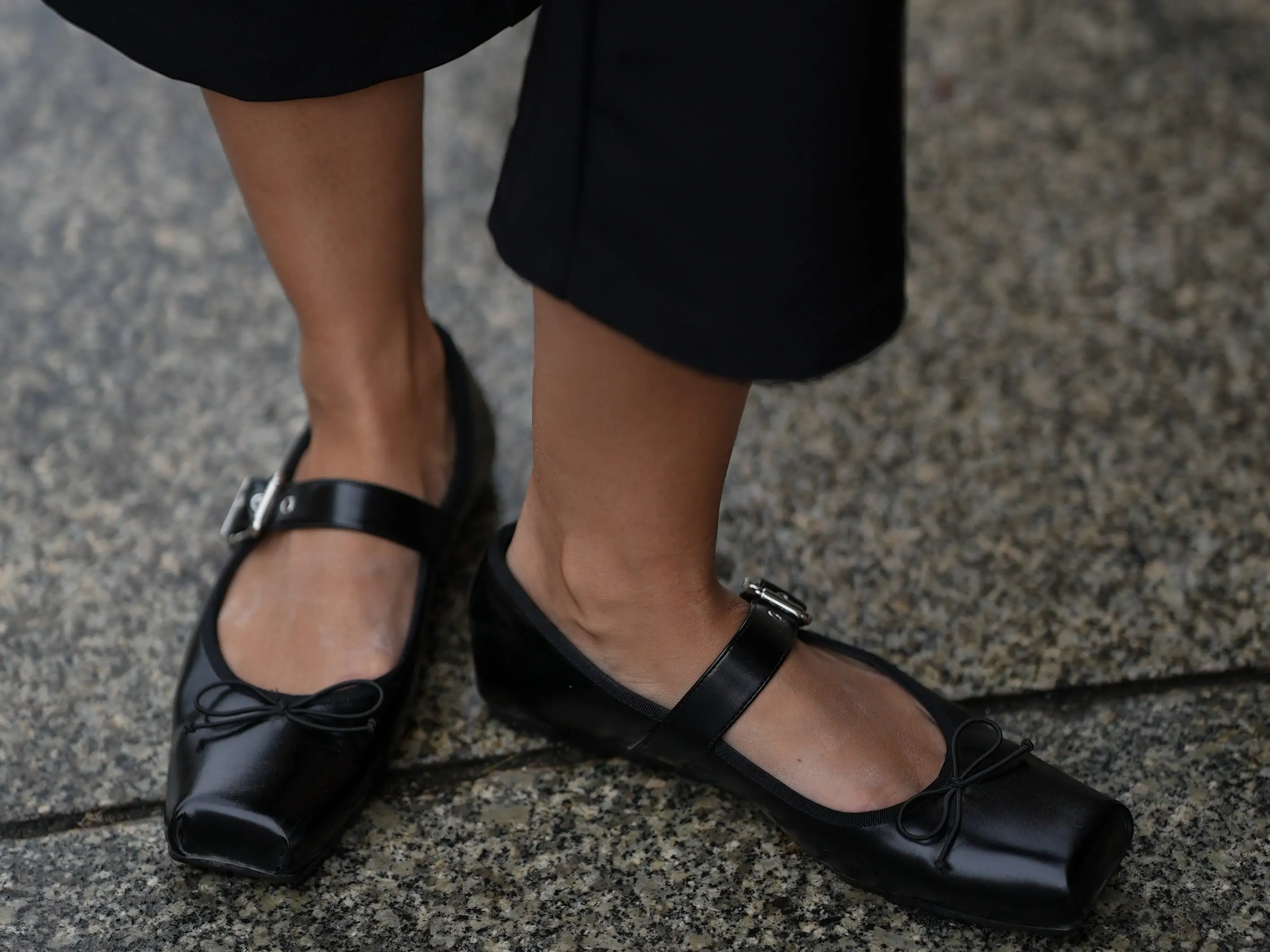 Leather, rectangle-toed Mary Jane ballet flats with cropped pants