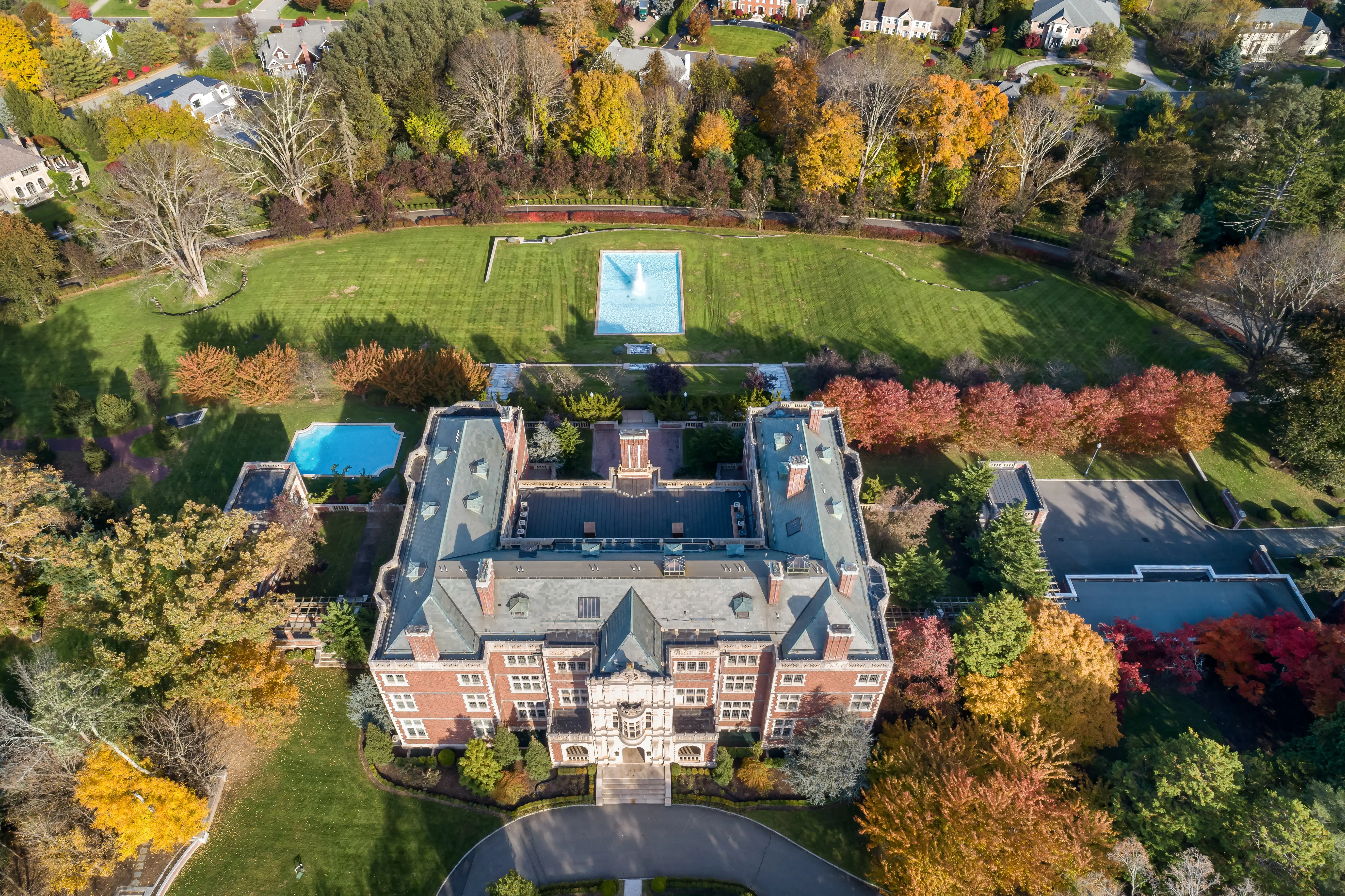 An aerial photo shows the exterior and grounds of the Crocker-McMillin mansion in Mahwah, New Jersey.