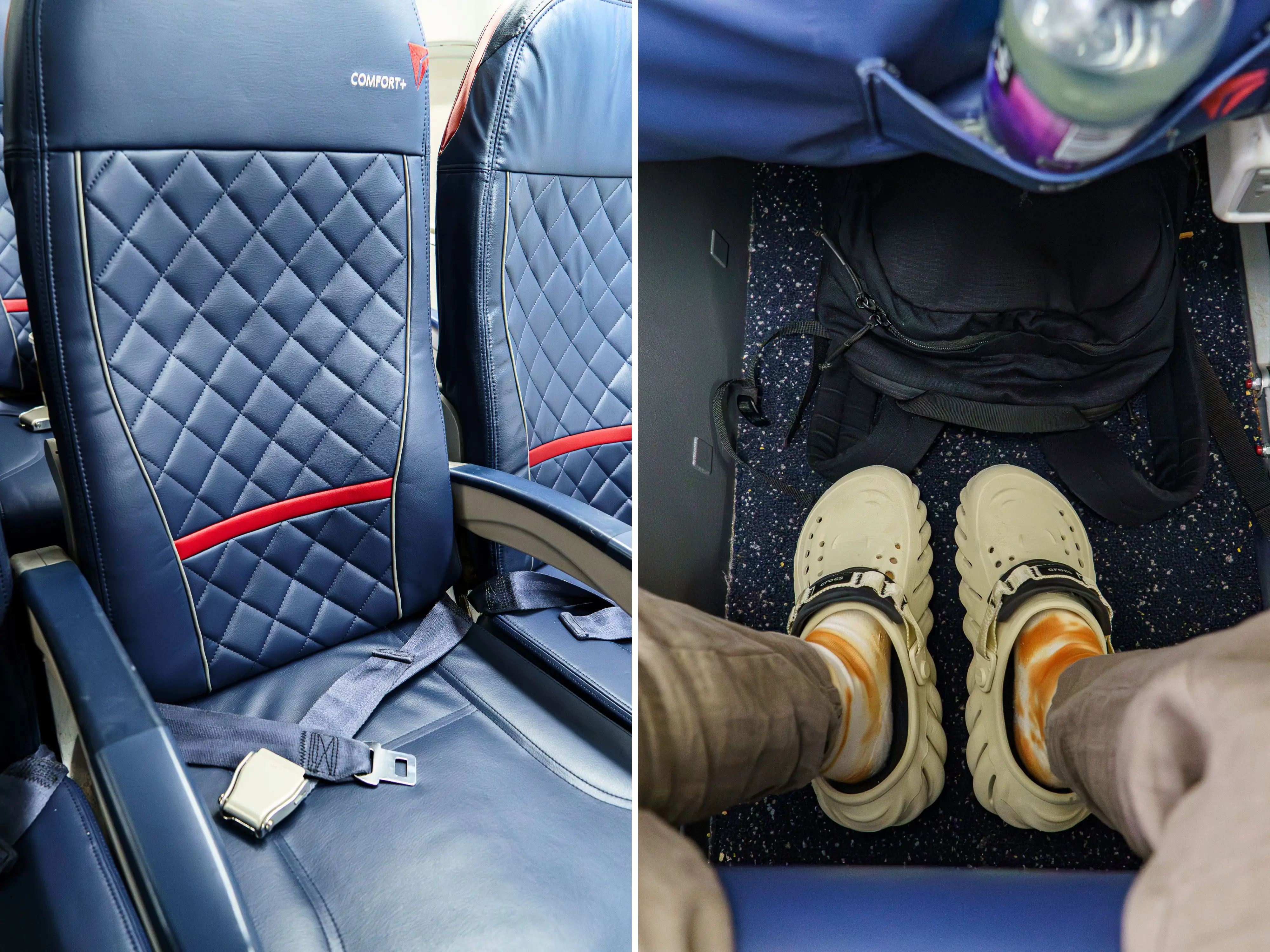 A composite image of an empty Delta Comfort seat and an aerial view of the author's legroom in the seat
